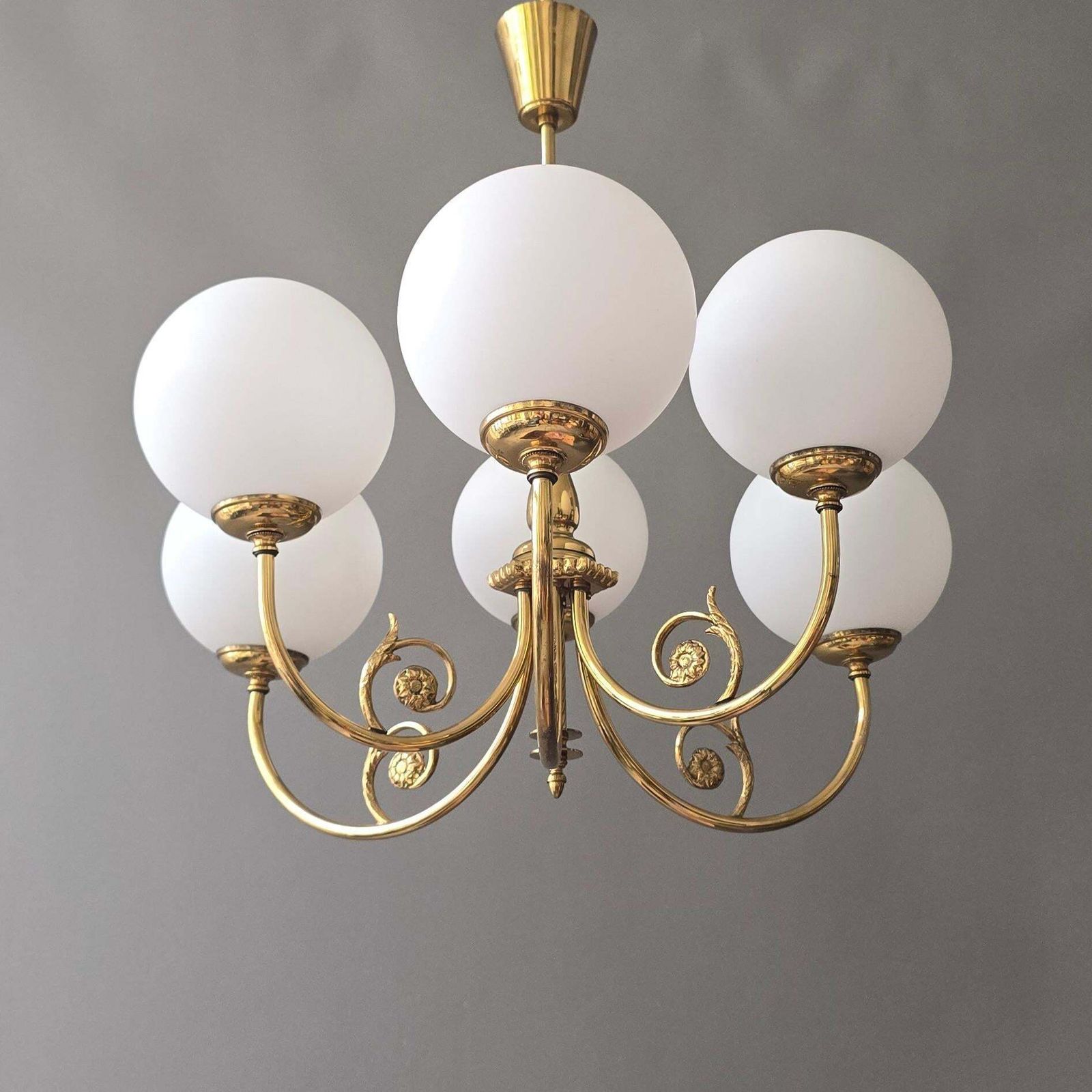 Mid Century Brass Chandelier With Six Opaline Glass Globes photo vintage