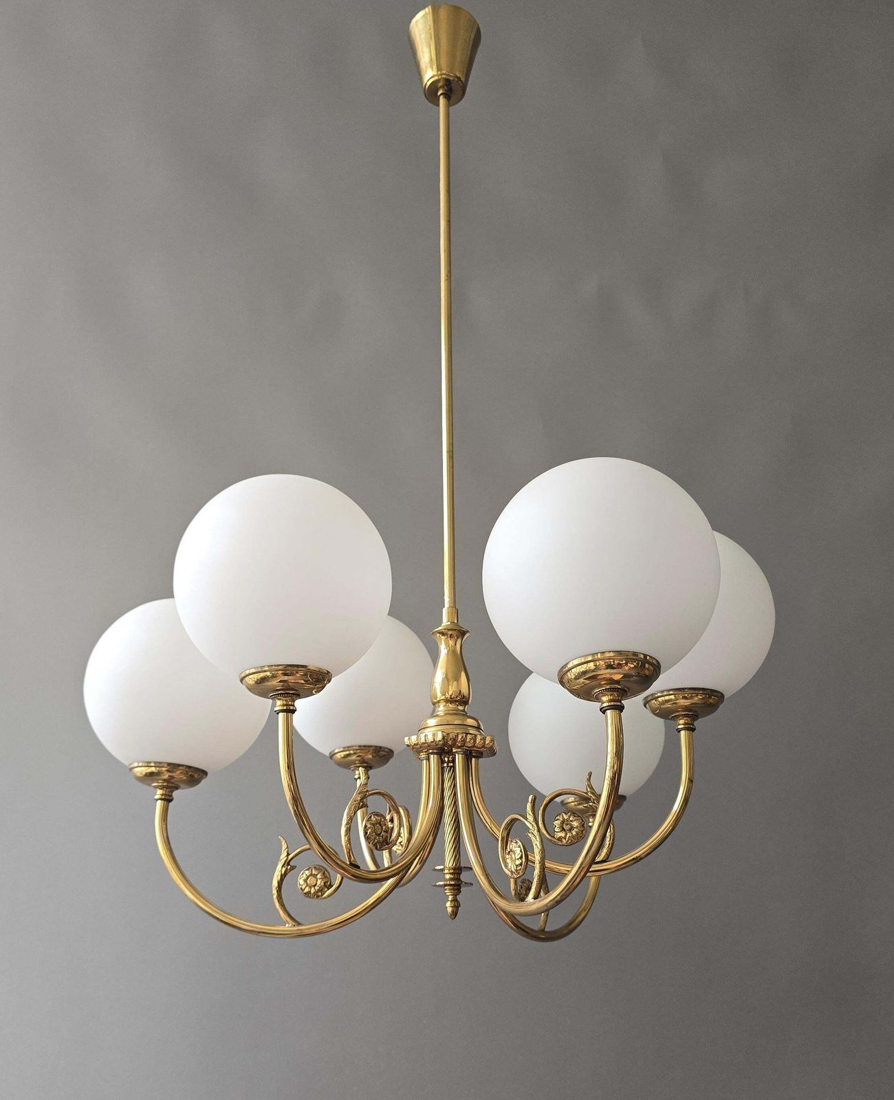 photo for sale Mid Century Brass Chandelier With Six Opaline Glass Globes