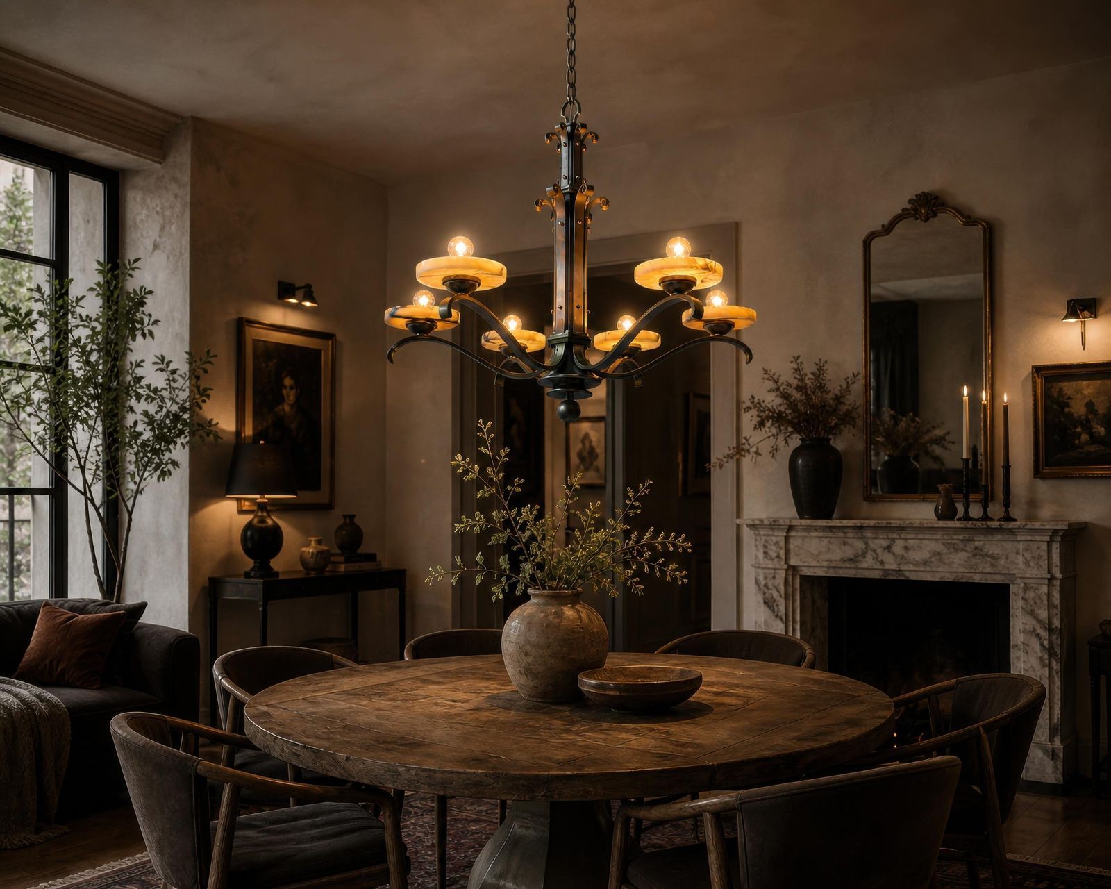 Art Deco Alabaster Chandelier, French 6 Light Iron Fixture, 29” Diameter, 1930s photo furniture