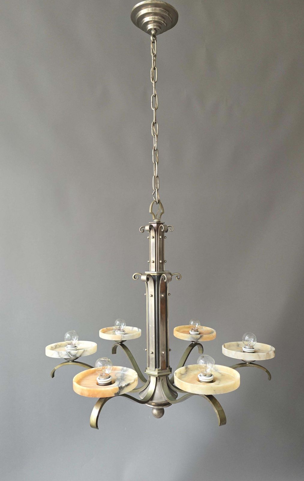 photo furniture Art Deco Alabaster Chandelier, French 6 Light Iron Fixture, 29” Diameter, 1930s