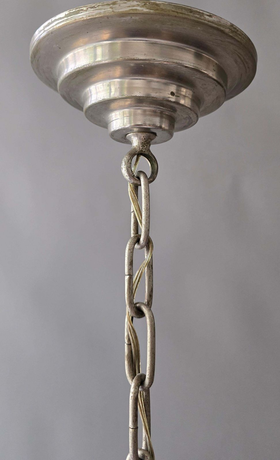 photo buy Art Deco Alabaster Chandelier, French 6 Light Iron Fixture, 29” Diameter, 1930s