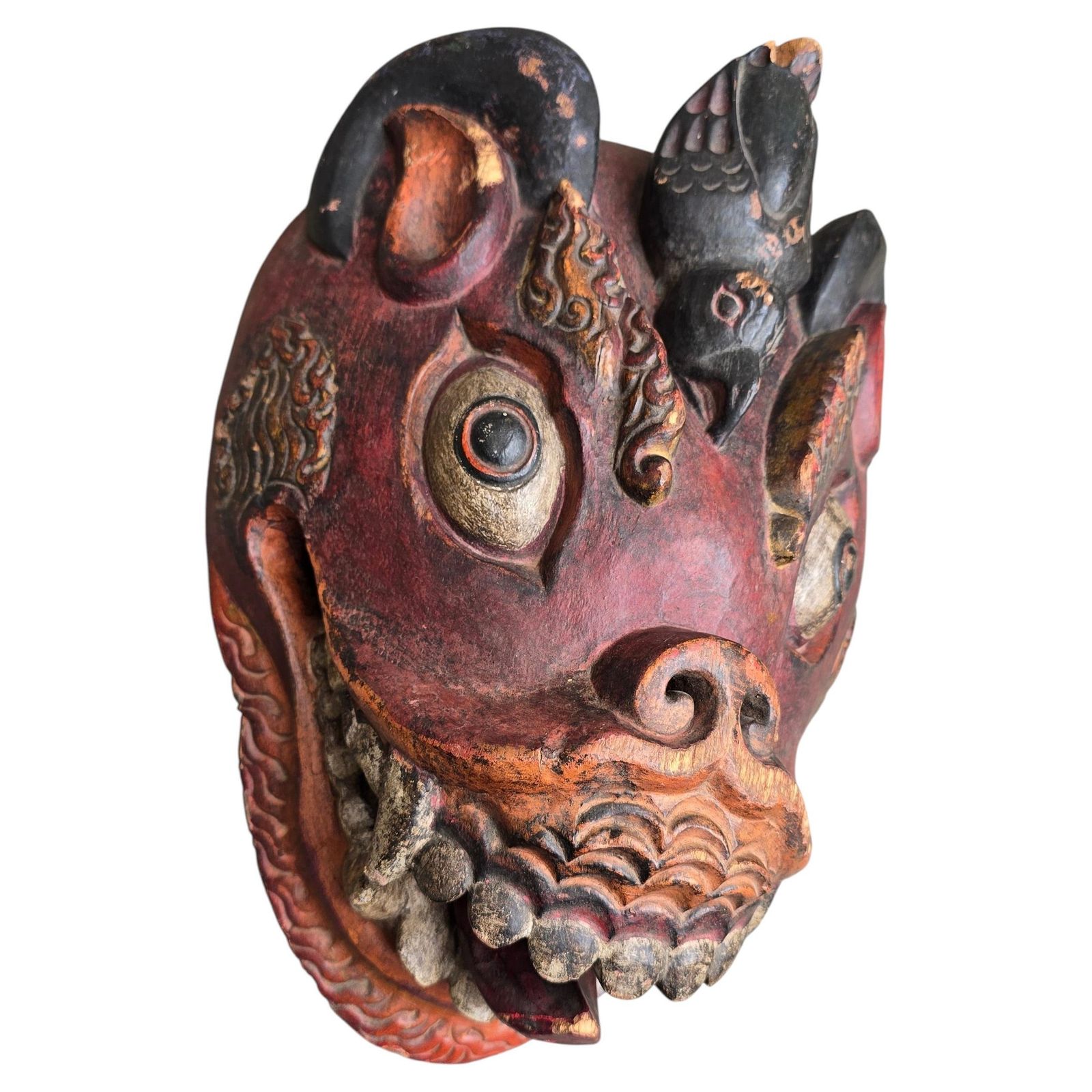 Large Sculptural Indonesian Carved Wood Mask, Polychrome Guardian Figure photo vintage