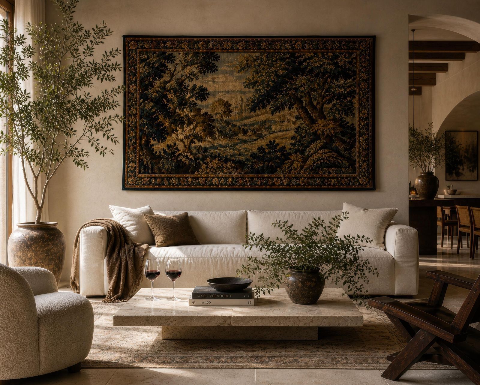 Mid Century Aubusson Style Woven Tapestry, Large Pastoral Landscape, 166 Cm photo furniture