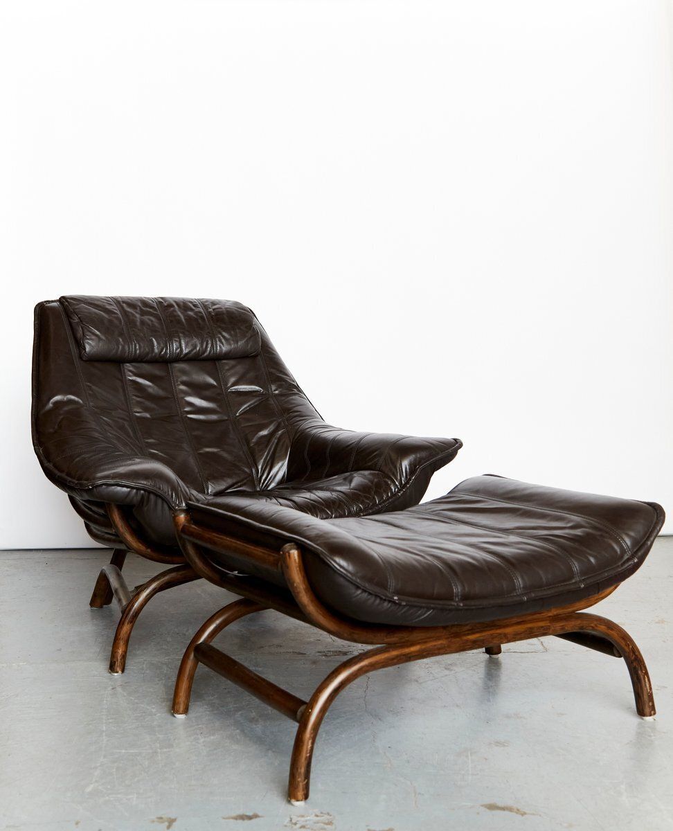 Set Of Bamboo And Leather Lounge Chair And Ottoman, 1970s