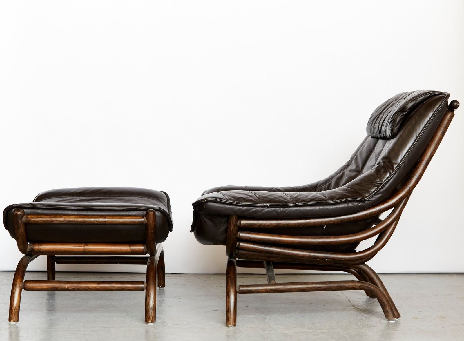 Set Of Bamboo And Leather Lounge Chair And Ottoman, 1970s photo furniture