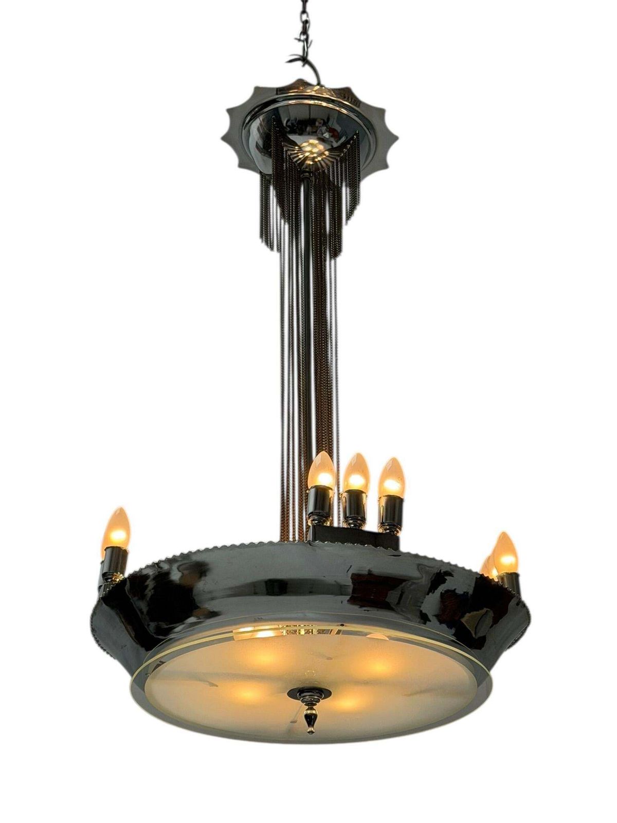 Art Deco Chandelier, Chrome & Glass, Dutch Design, 1930s photo vinterior