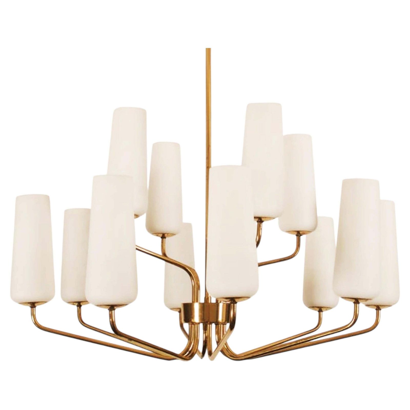 Grote zeldzame mid-century messing en opaalglaze hanglamp van Rupert Nikoll