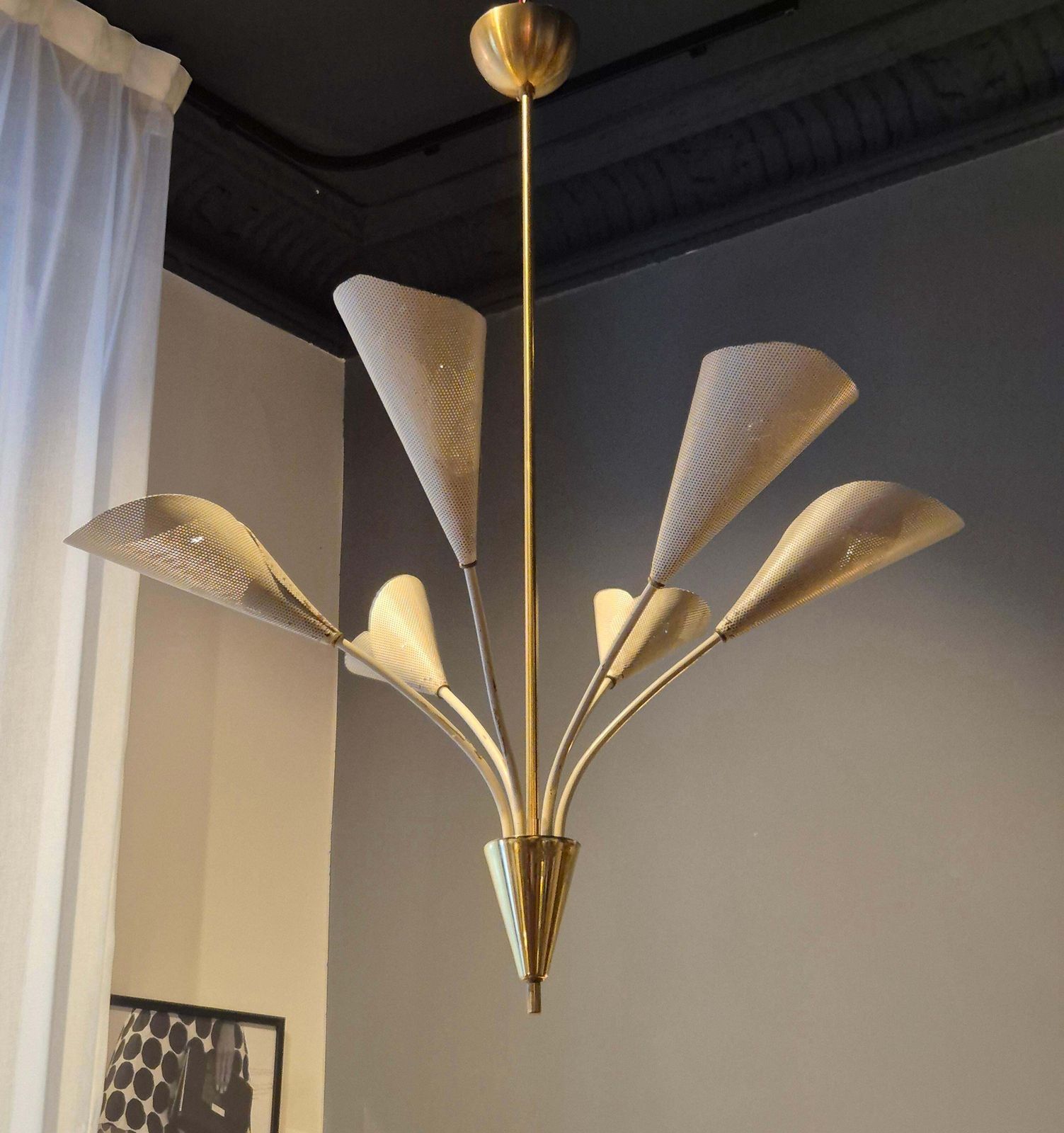 Elegant Chandelier With Six Arms, Shades In Perforated Metal, Midcentury Modern photo furniture