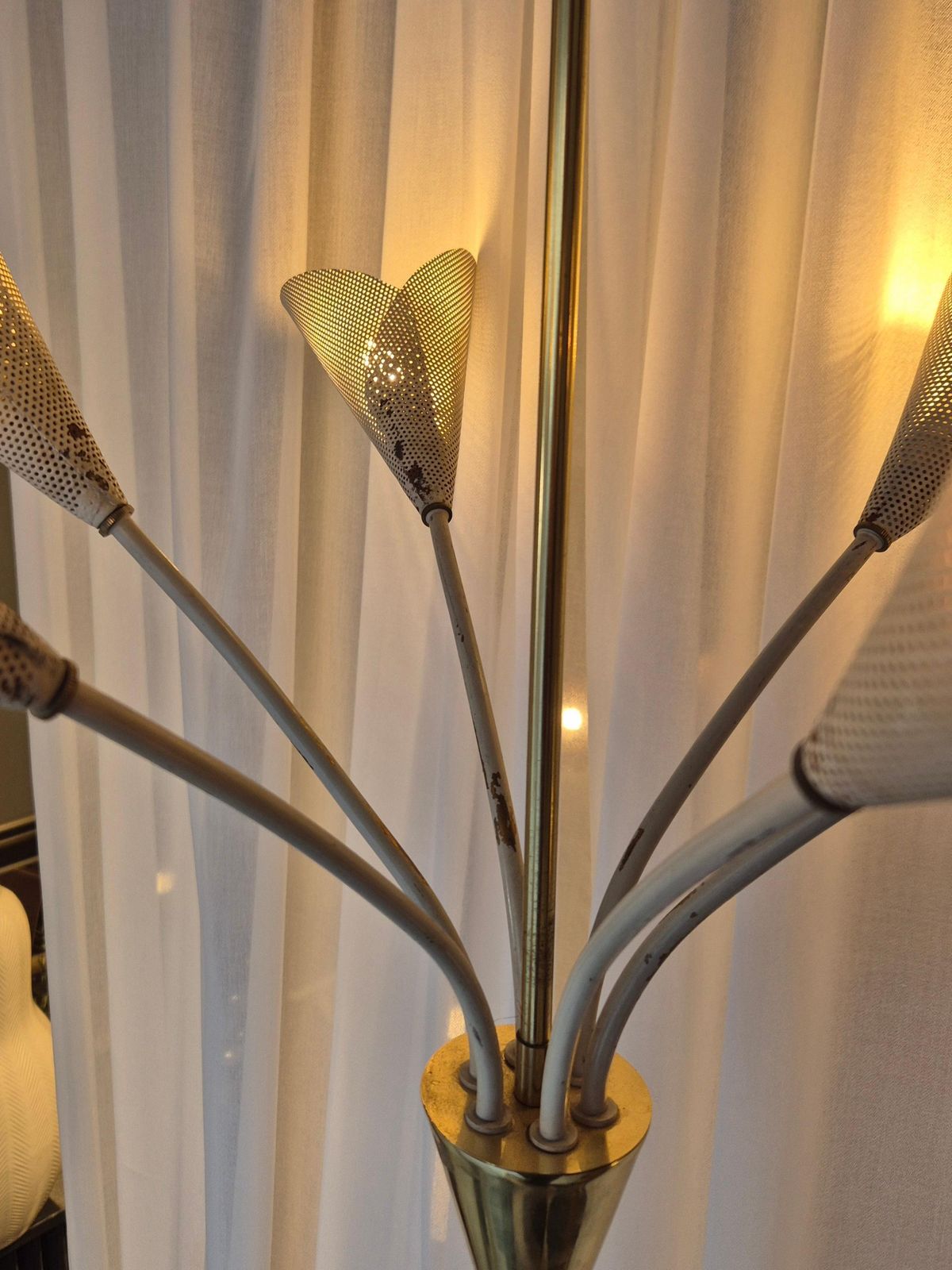 Elegant Chandelier With Six Arms, Shades In Perforated Metal, Midcentury Modern photo for sale