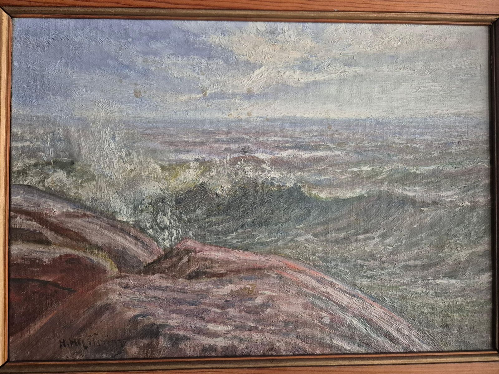 Swedish Oil Painting, Ocean / Archipelago Motif With Pine Frame, Mid 1900s photo 2200.0