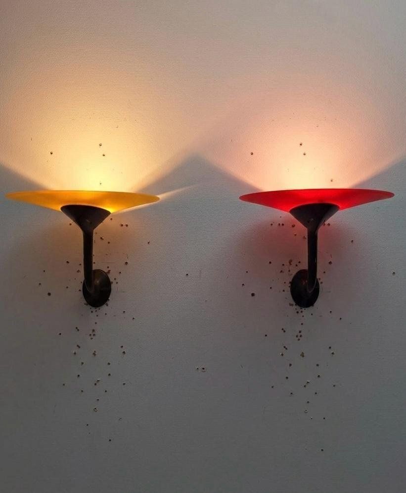 Postmodern Wall Lamps In Red And Yellow Satin Glass With Black Lacquered Metal Structure, Italy, 1980, Set Of 2