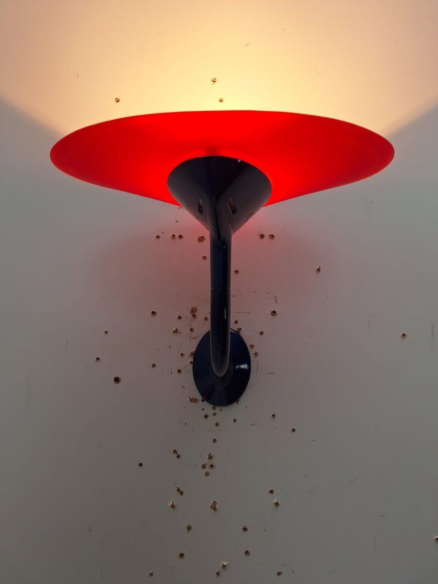 Postmodern Wall Lamps In Red And Yellow Satin Glass With Black Lacquered Metal Structure, Italy, 1980, Set Of 2 photo for sale
