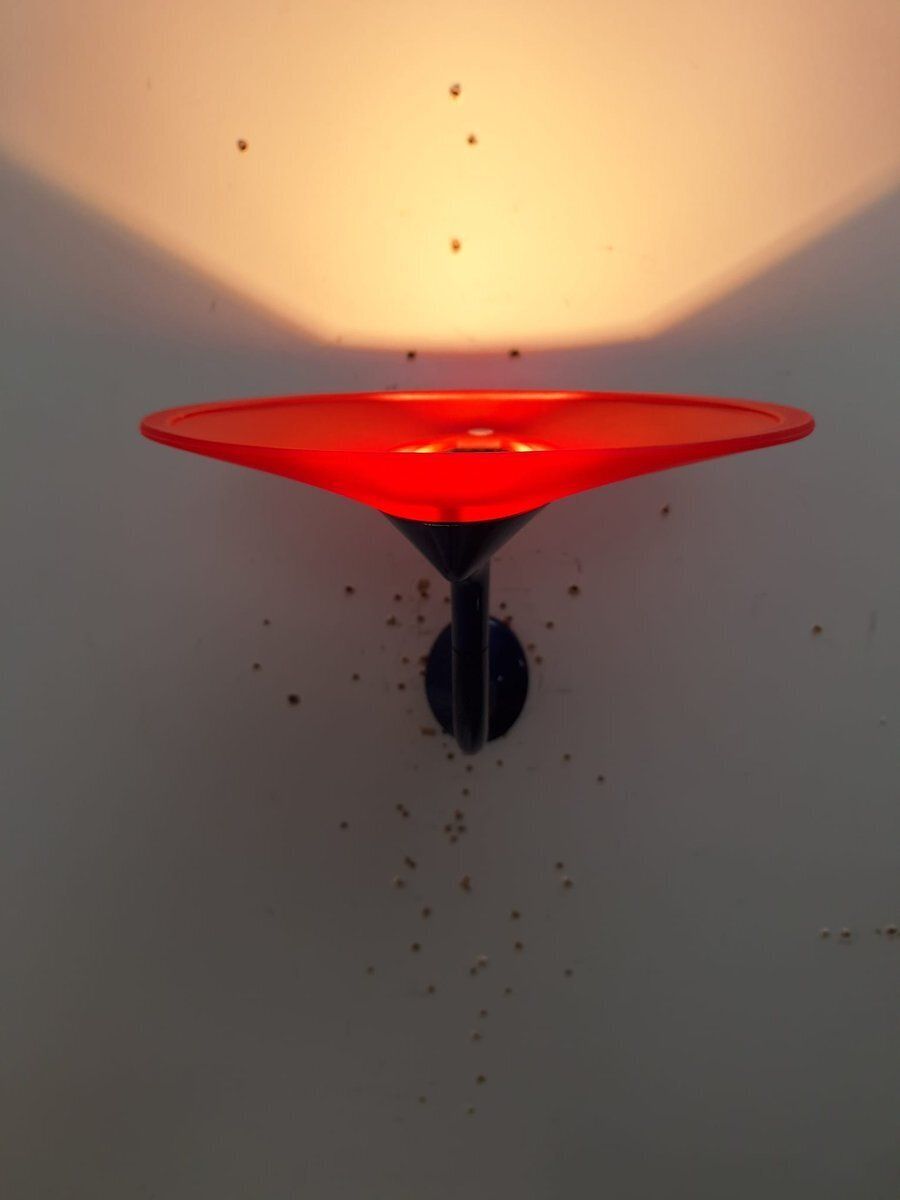 Postmodern Wall Lamps In Red And Yellow Satin Glass With Black Lacquered Metal Structure, Italy, 1980, Set Of 2 photo Lighting