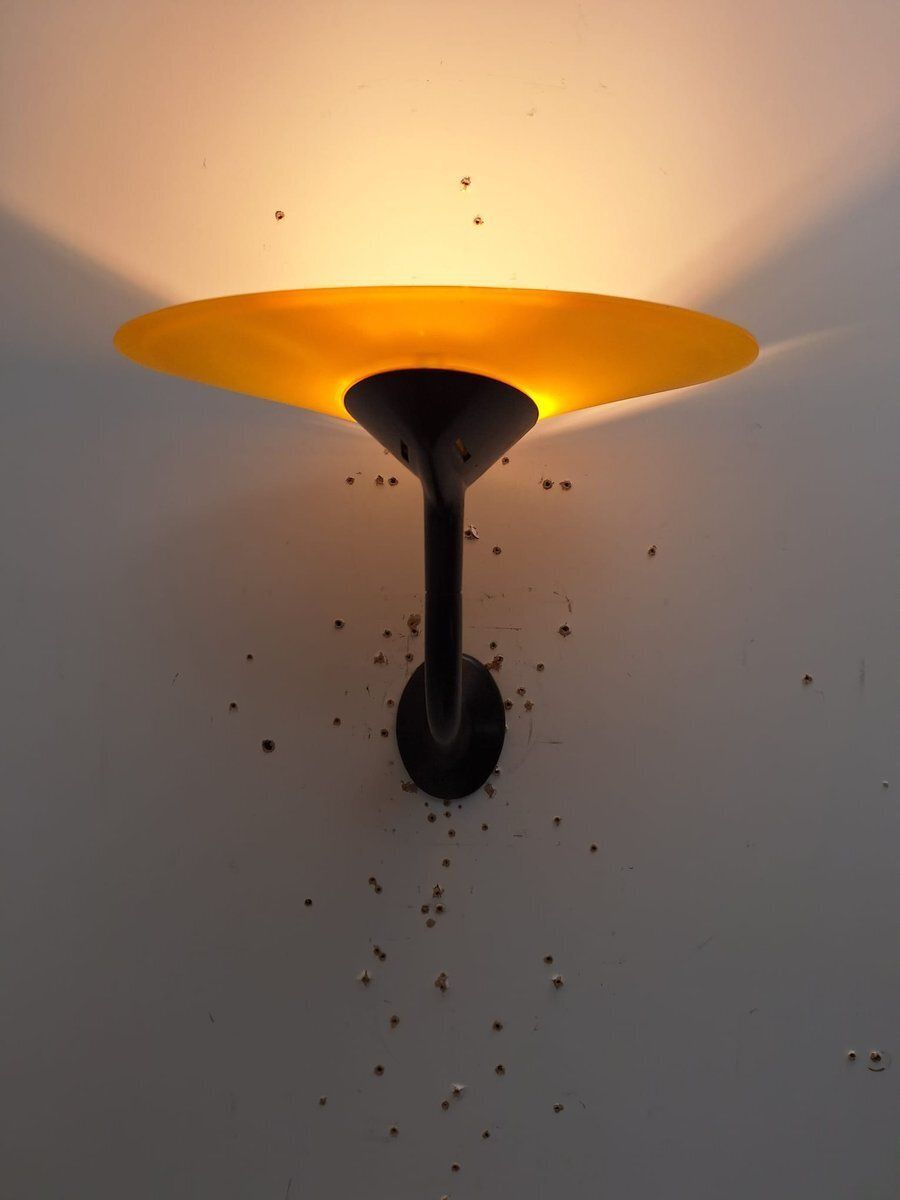 1175.0 Postmodern Wall Lamps In Red And Yellow Satin Glass With Black Lacquered Metal Structure, Italy, 1980, Set Of 2 photo