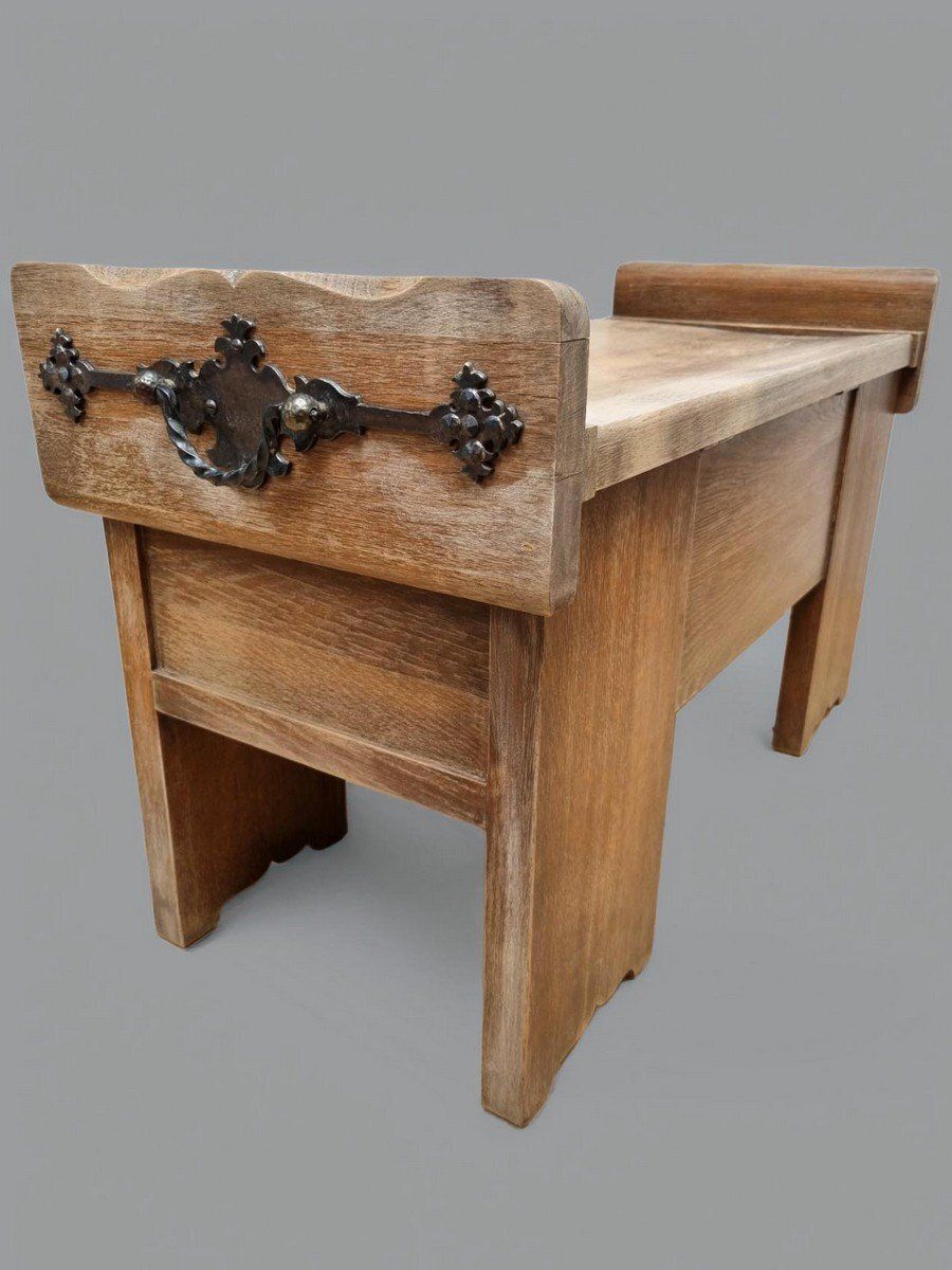 Vintage Brutalist Oak Chest Bench With Black Iron Hardware, 1960s photo vintage