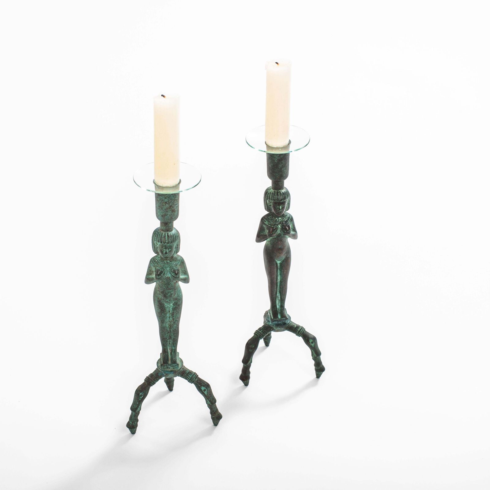 Egyptian Inspired Figurative French Art Déco Bronze Candlesticks 1930s photo 2960.0