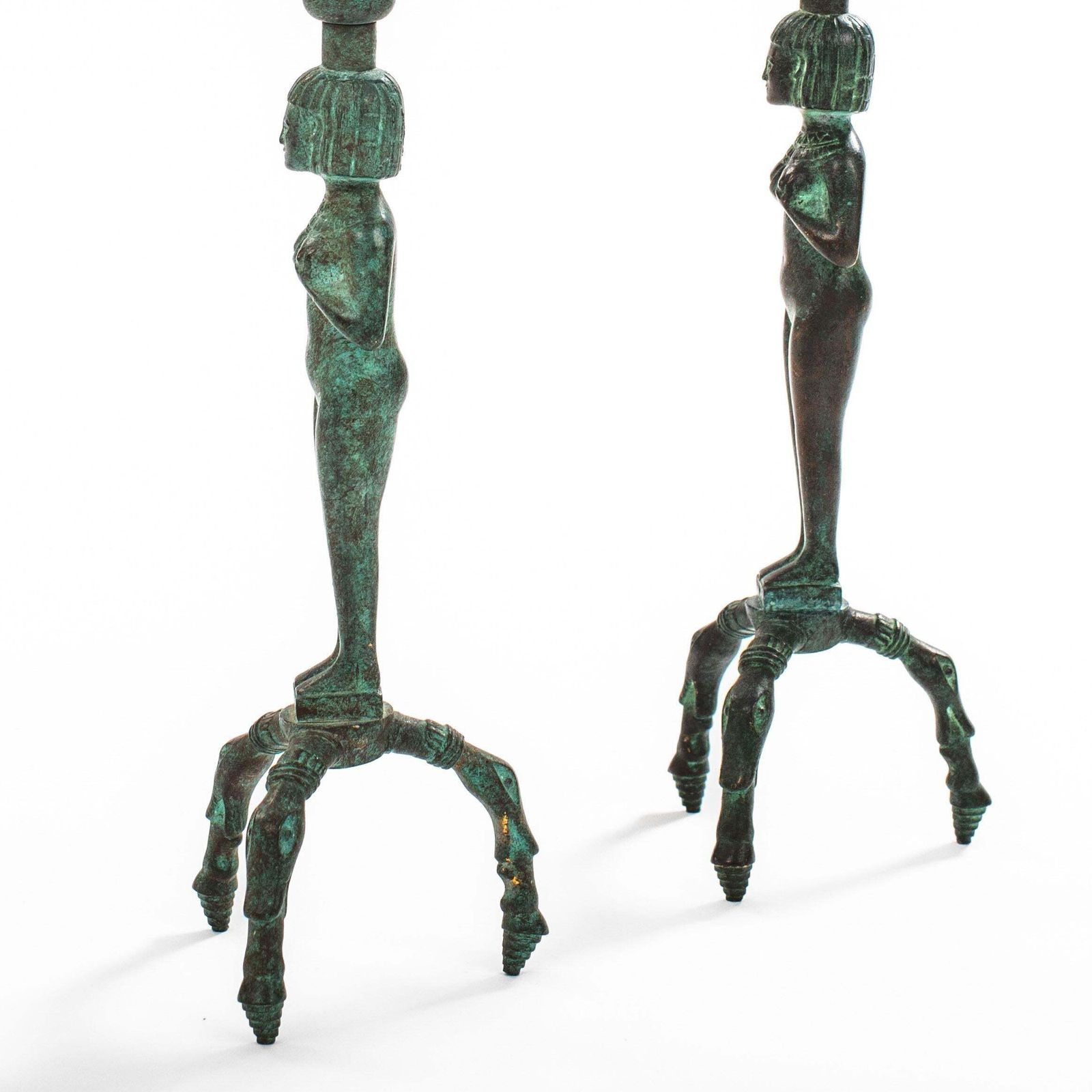 Egyptian Inspired Figurative French Art Déco Bronze Candlesticks 1930s photo vintage
