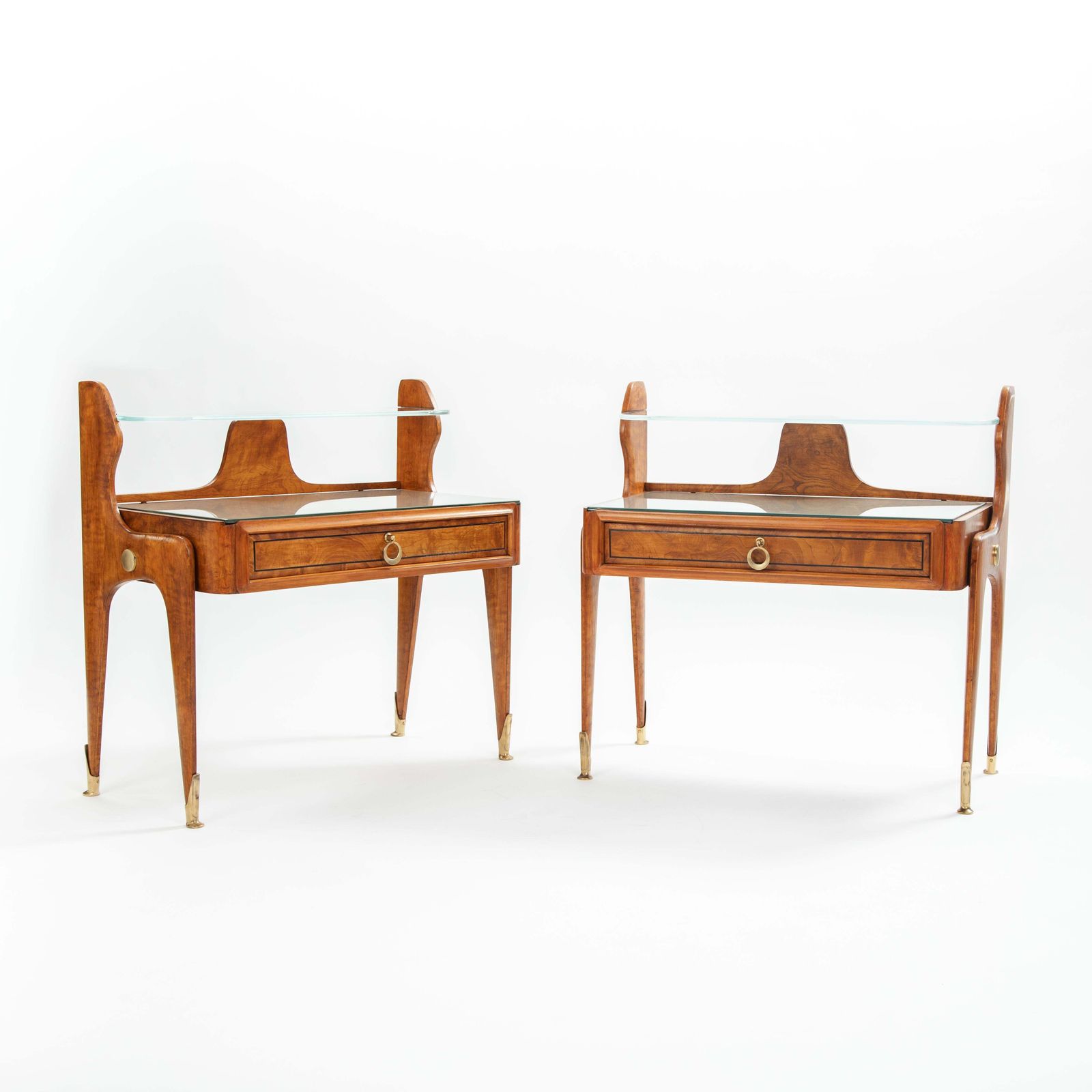 Pair Of Italian Mid Century Light Footed Bed Side Tables Elm Glass Brass 1950s photo for sale