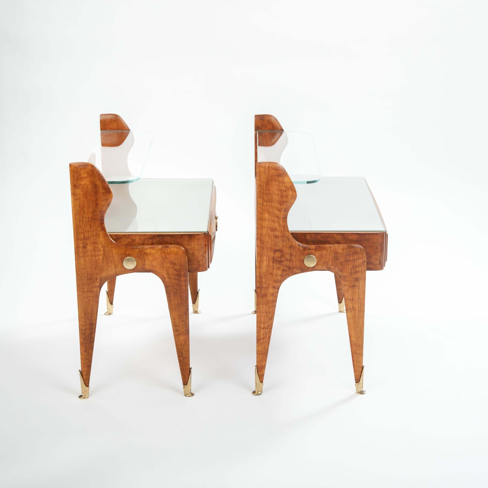 Furniture Pair Of Italian Mid Century Light Footed Bed Side Tables Elm Glass Brass 1950s photo