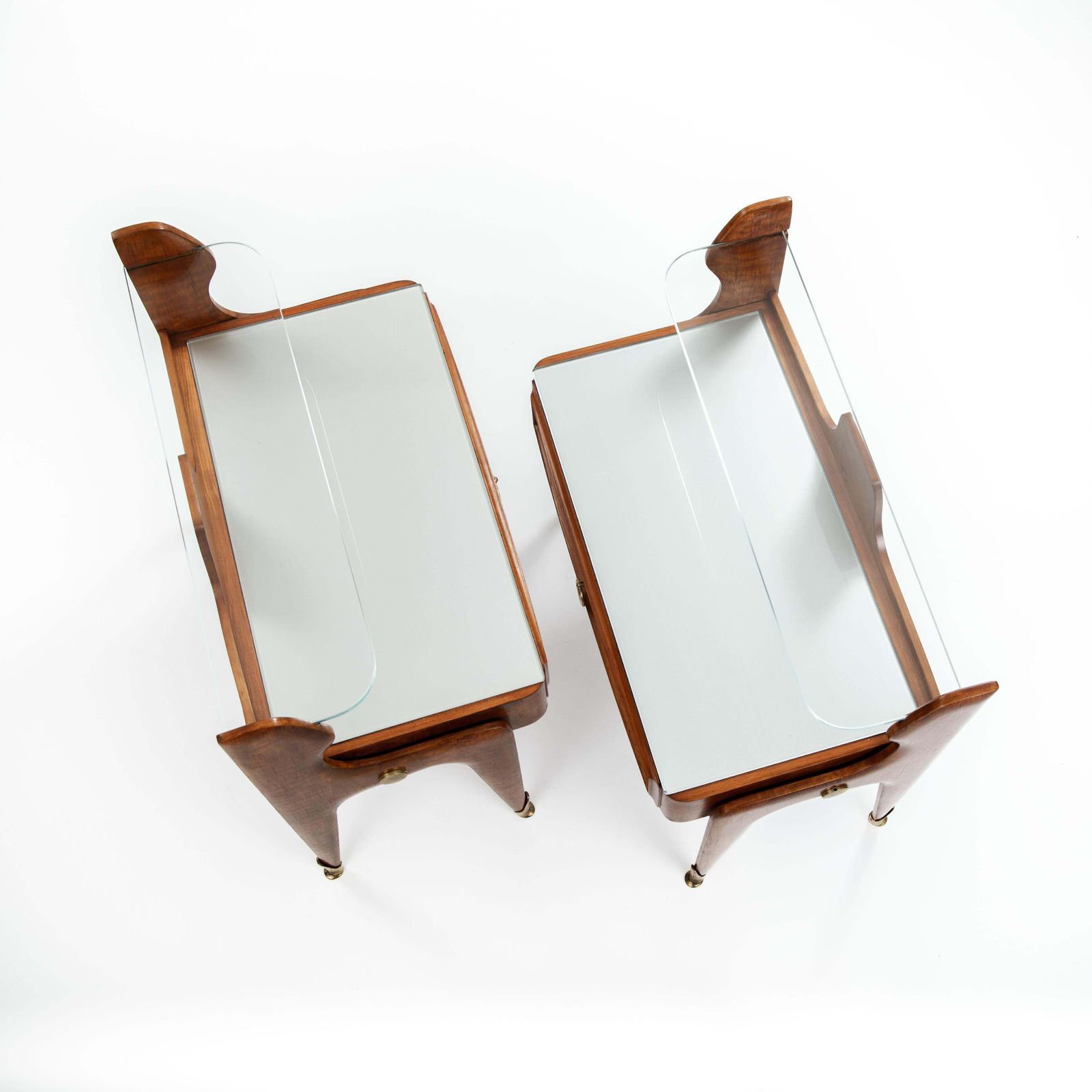photo buy Pair Of Italian Mid Century Light Footed Bed Side Tables Elm Glass Brass 1950s