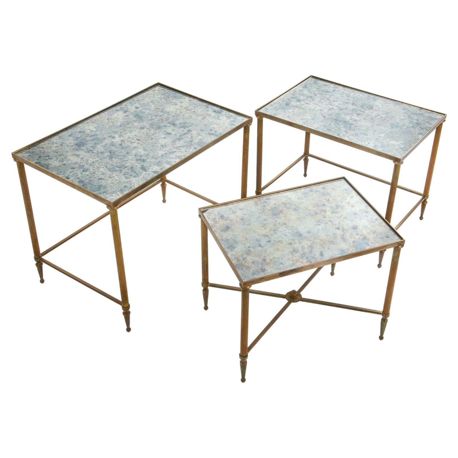 Set Of French Mid Centruy Neoclassical Brass And Mirrored Glass Nessting Tables