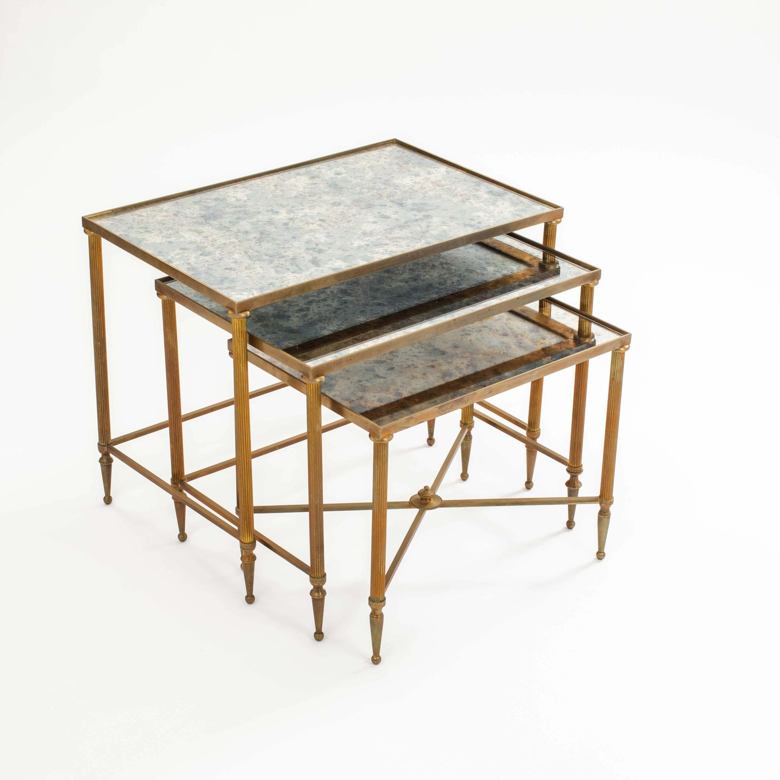 Set Of French Mid Centruy Neoclassical Brass And Mirrored Glass Nessting Tables photo for sale