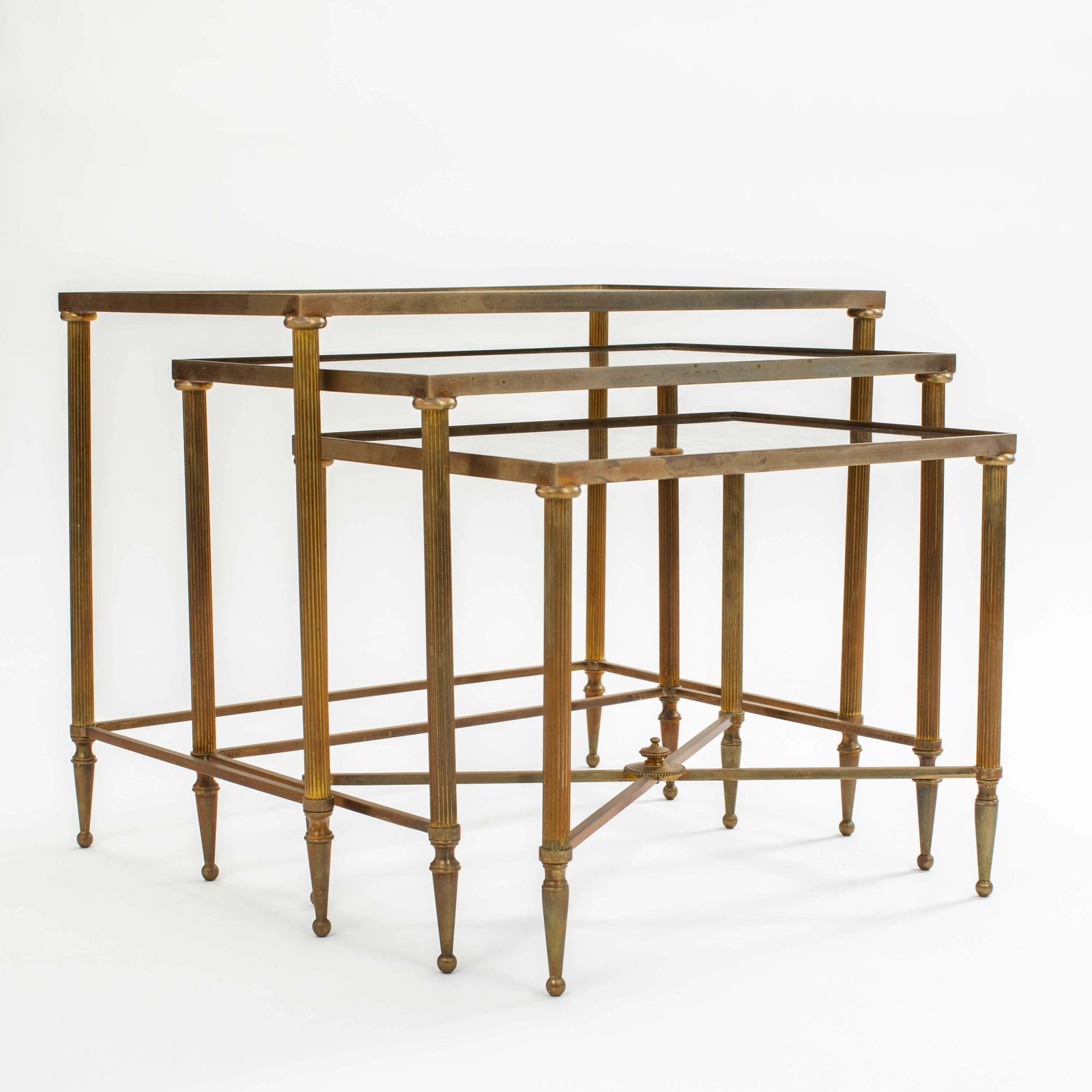 Set Of French Mid Centruy Neoclassical Brass And Mirrored Glass Nessting Tables photo Furniture