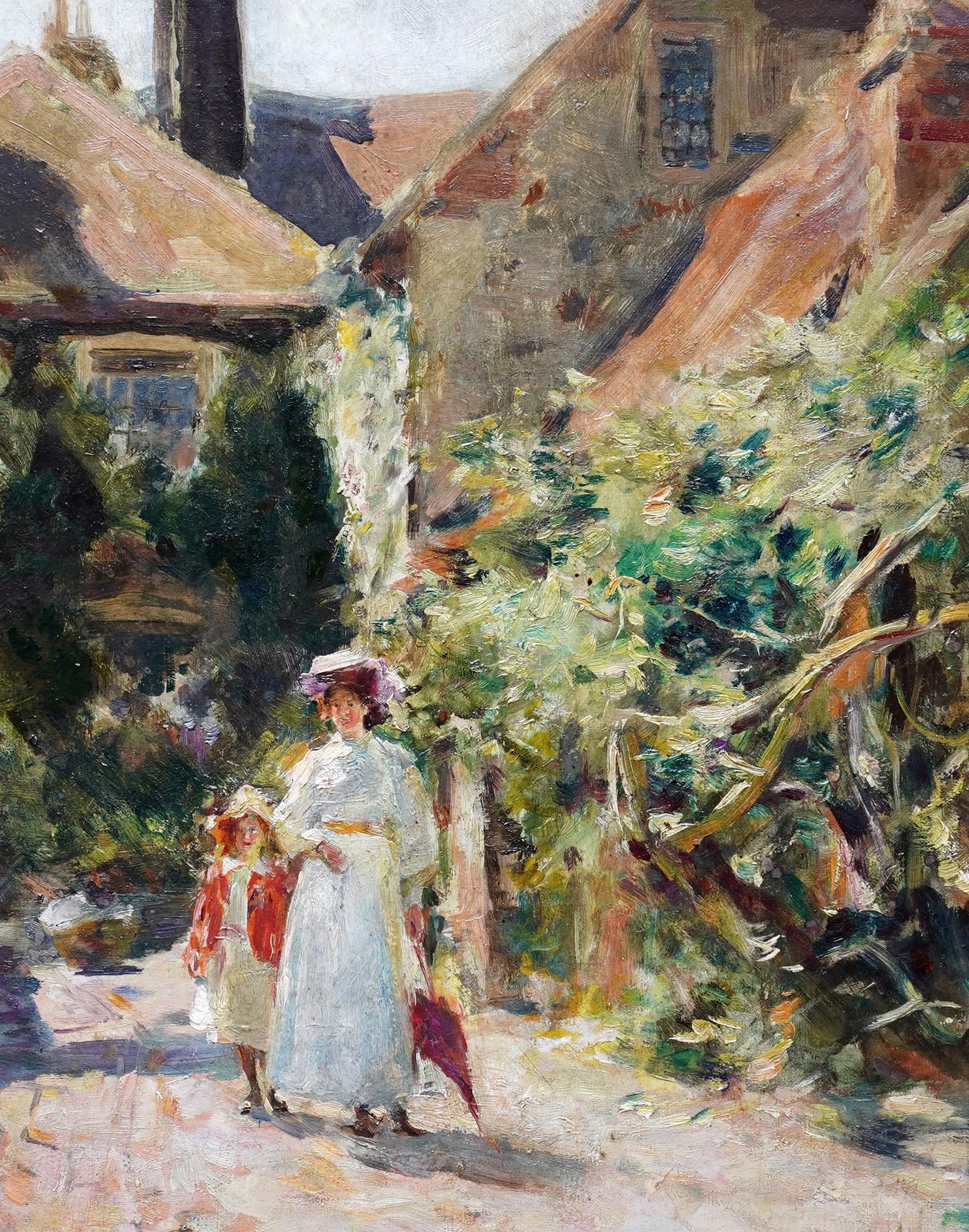 Figures Outside House   British Edwardian Impressionist Figurative Oil Painting photo for sale