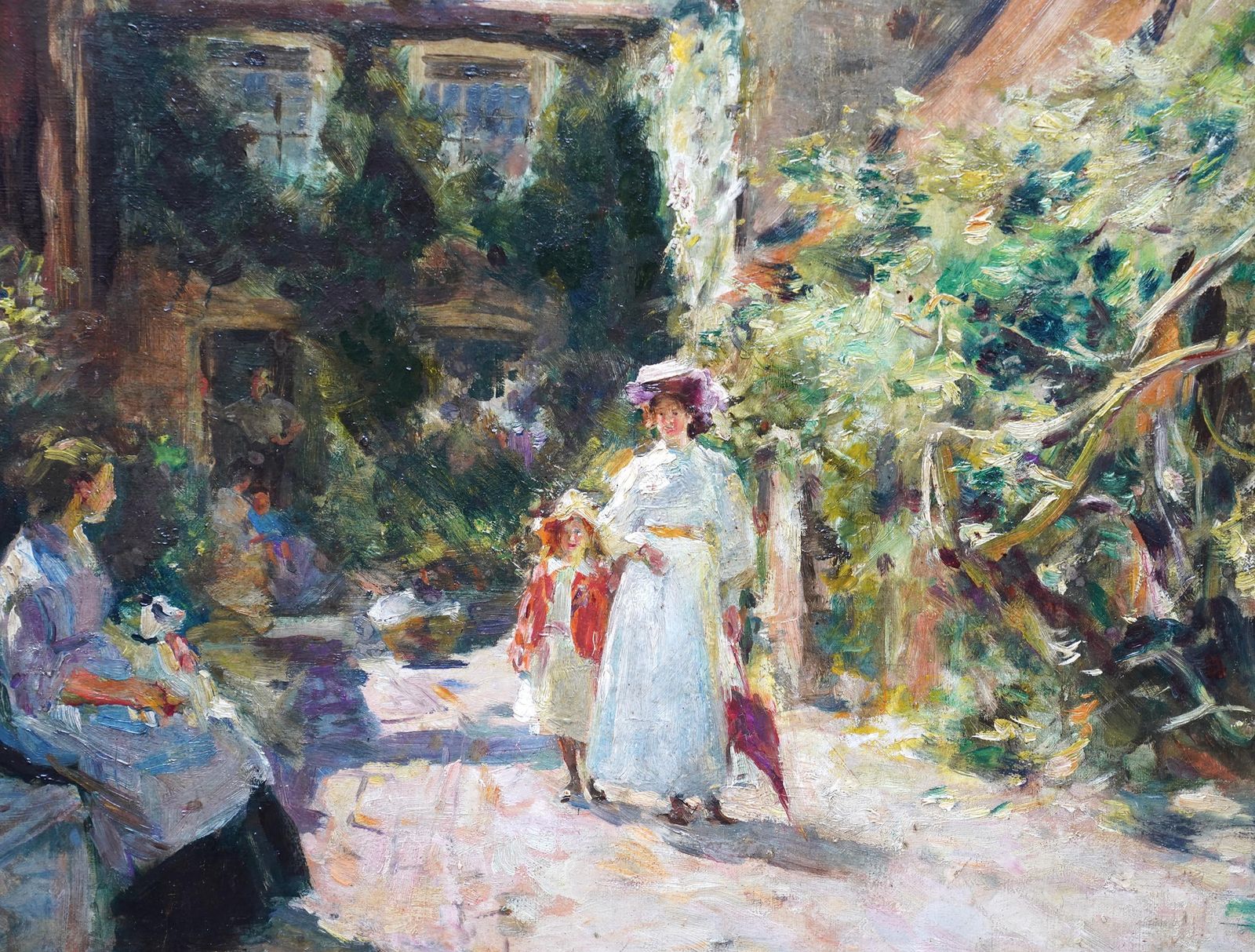 Figures Outside House   British Edwardian Impressionist Figurative Oil Painting photo Art