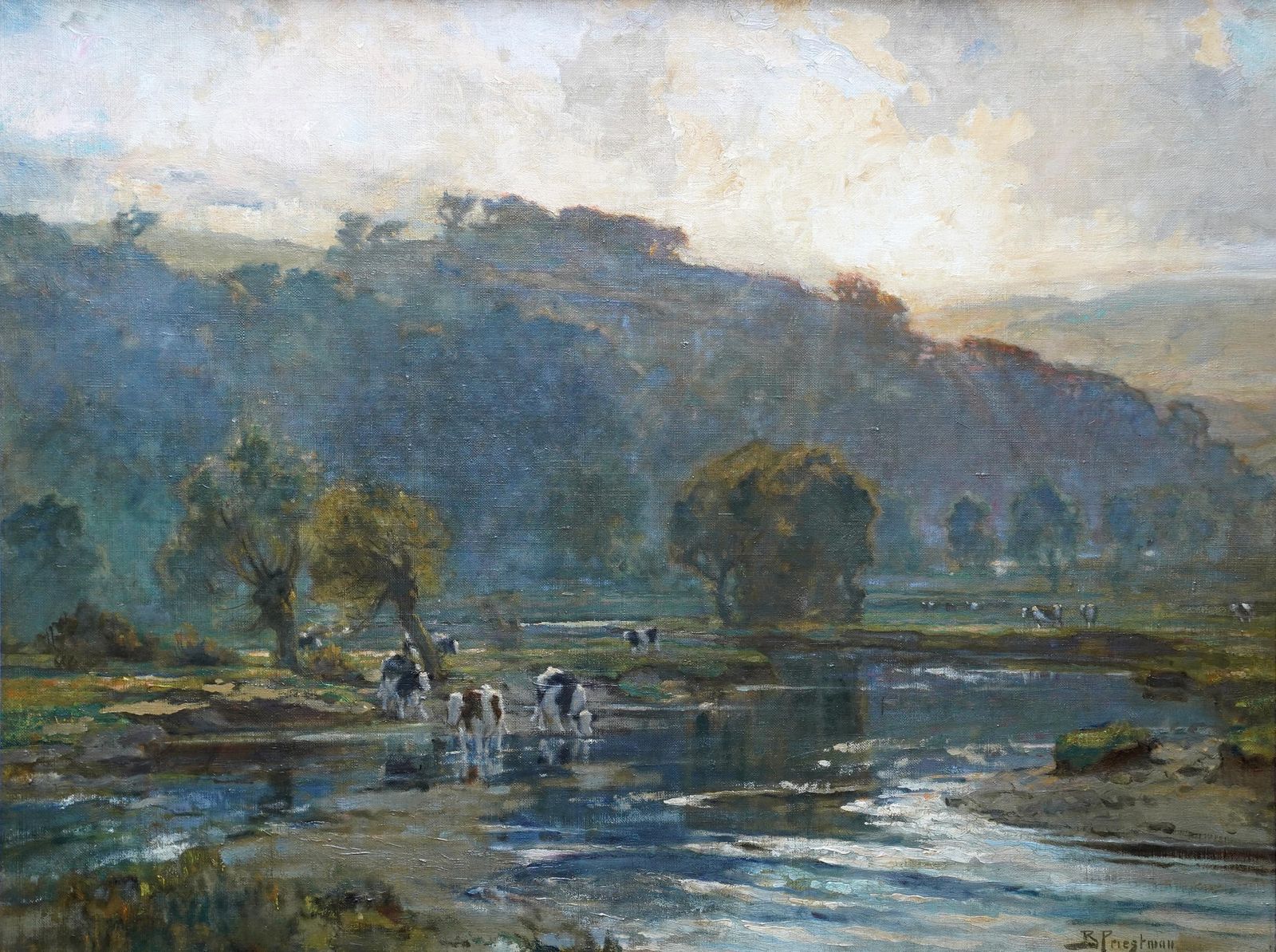 photo vinterior Evening In Wharfedale 1917   British Impressionist Landscape Oil Painting Cattle