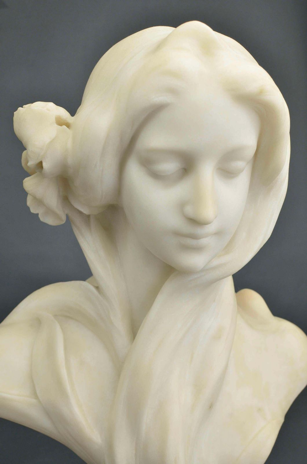 Irises In Hair. Carrara Marble Bust By Georges C. Coudray. Signed. photo for sale