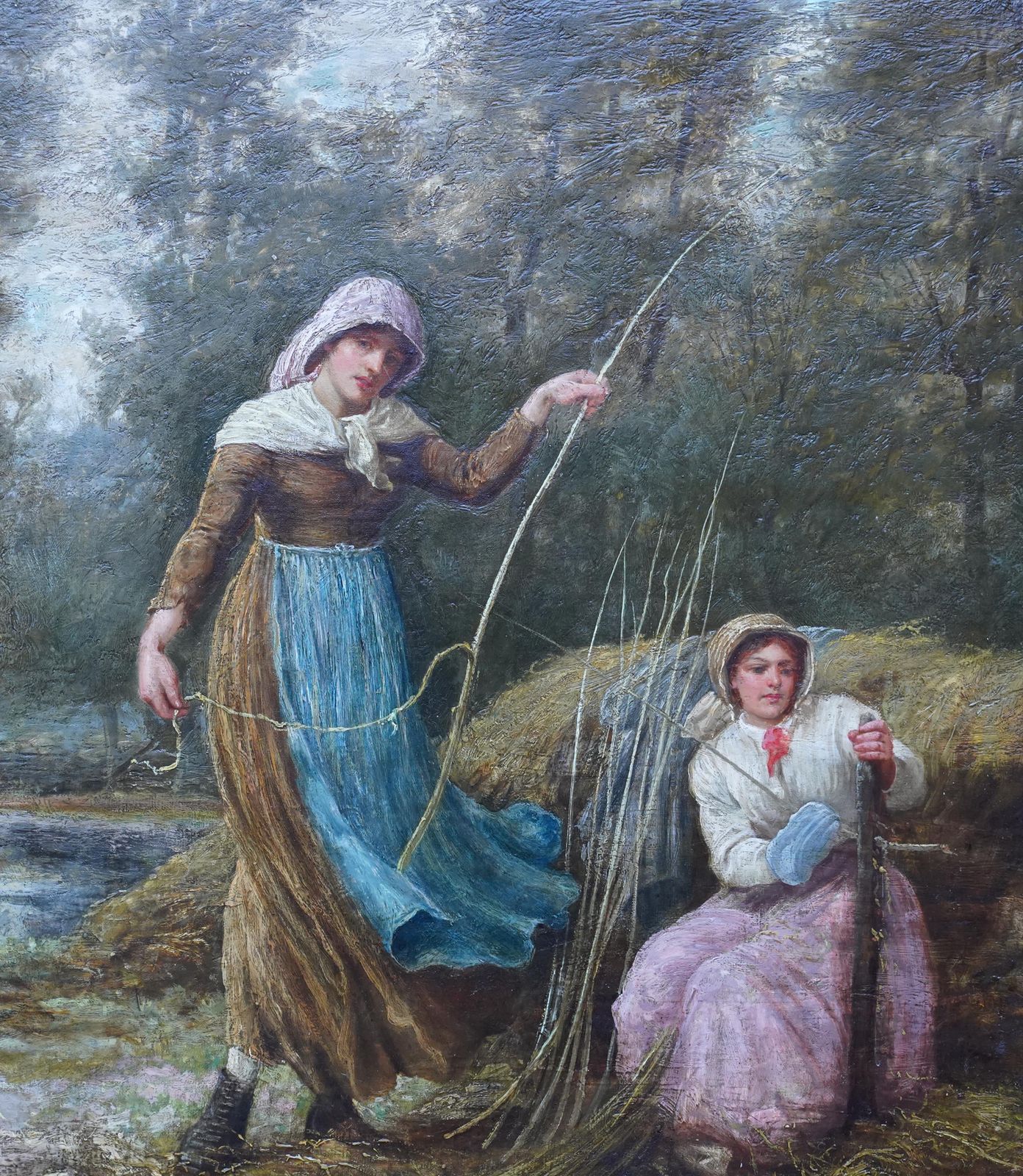 Portrait Of Two Girls Stripping The Willow   Scottish Victorian Art Oil Painting photo furniture