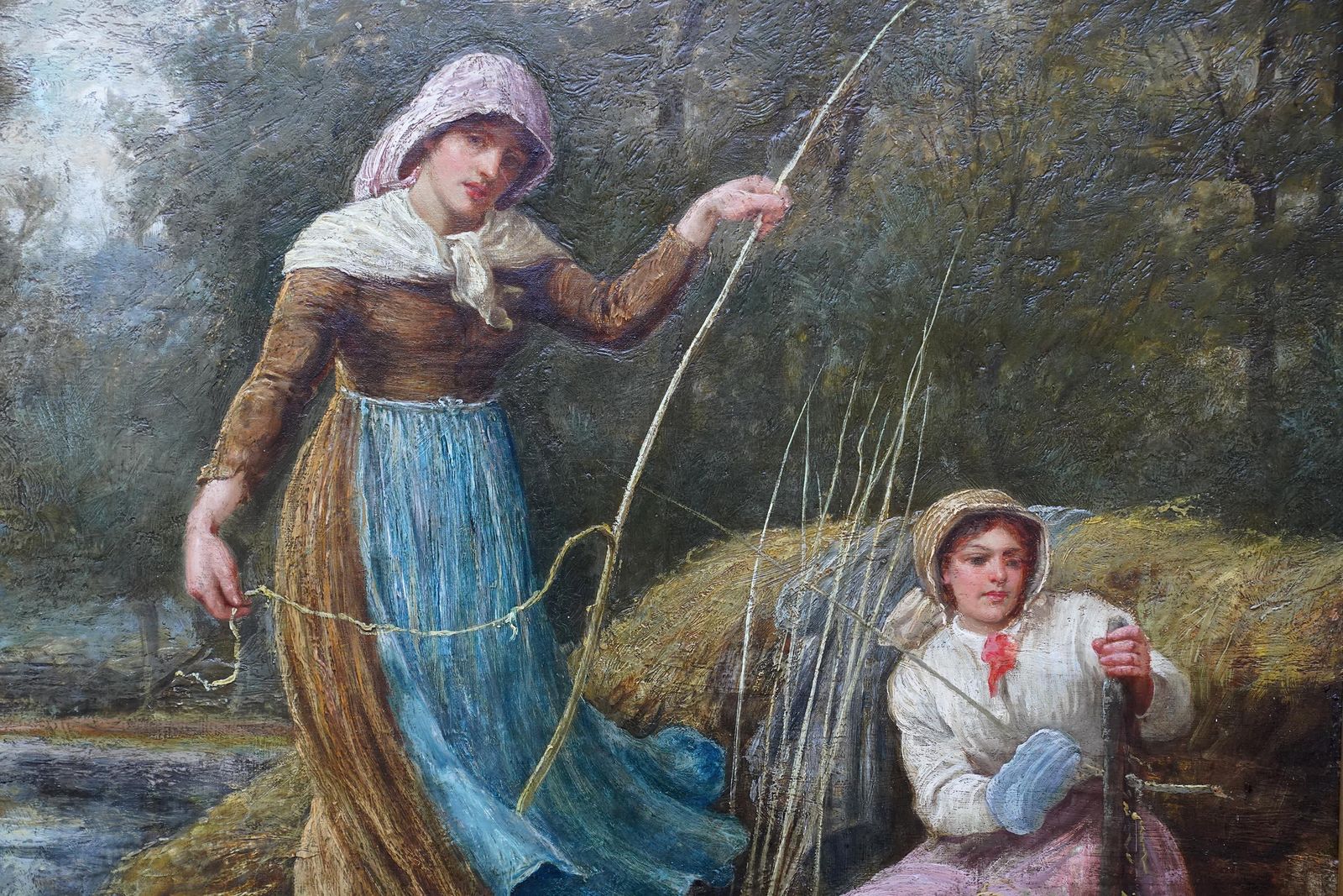 Portrait Of Two Girls Stripping The Willow   Scottish Victorian Art Oil Painting photo Art