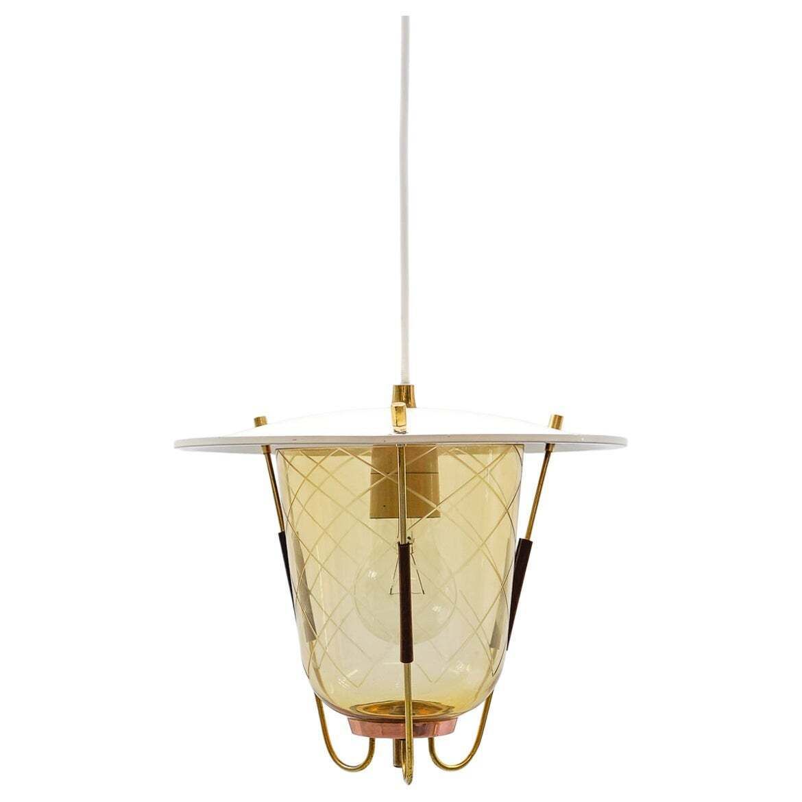 Lovely Mid Century Modern Ceiling Lamp In Copper, Brass And Glass, 1950s