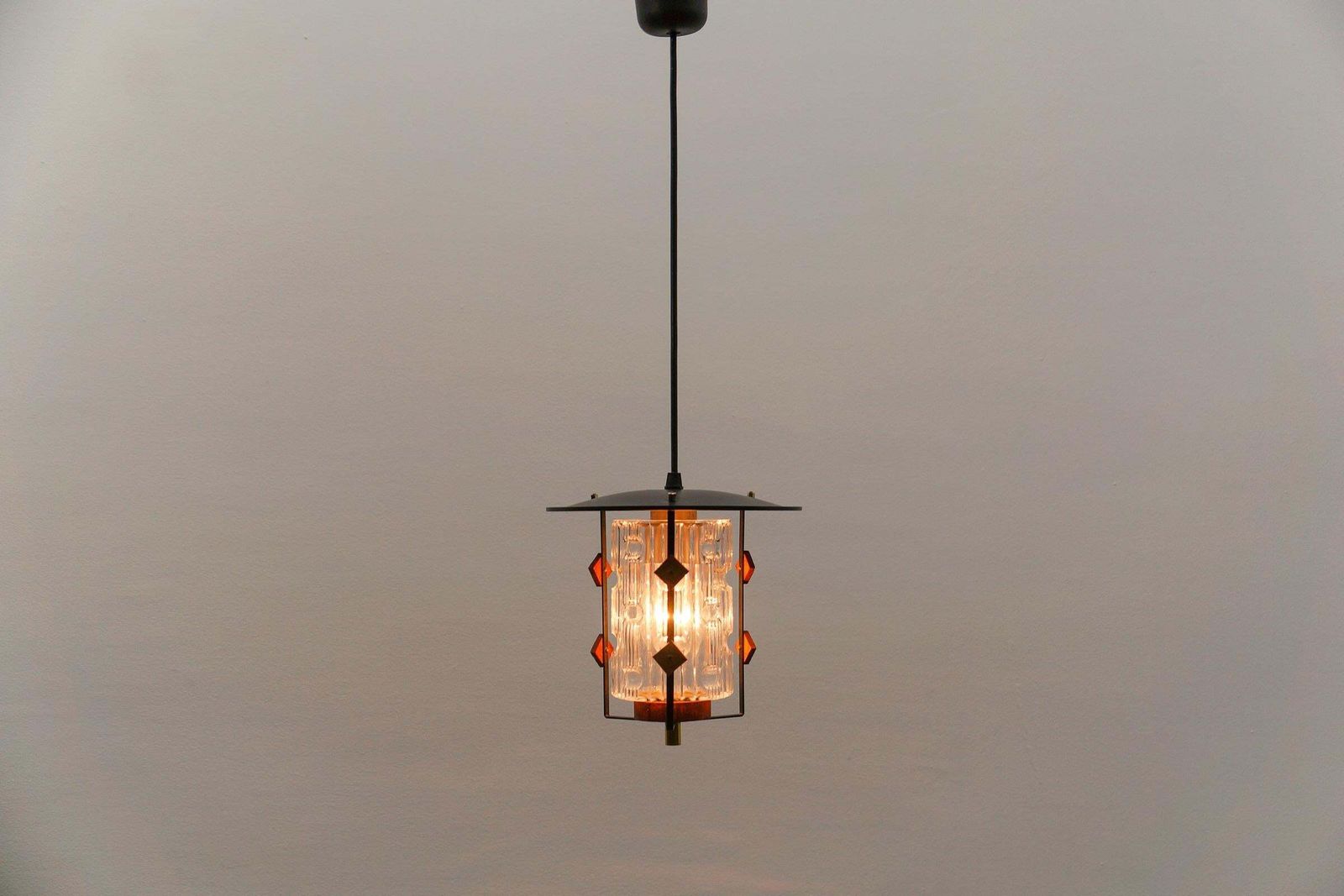 Scandinavian Mid Century Modern Ceiling Lamp In Copper, Teak And Glass, 1960s photo vintage