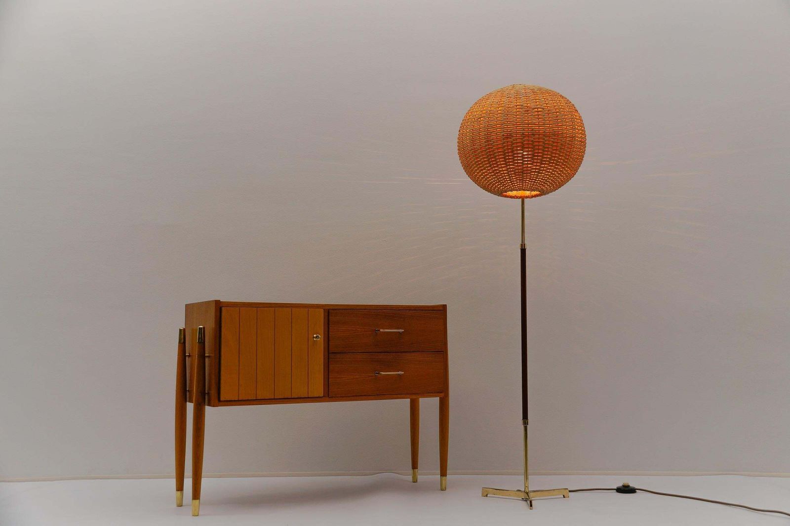 Mid Century Modern Floor Lamp In Brass And Teak From Temde, 1960s Switzerland photo buy