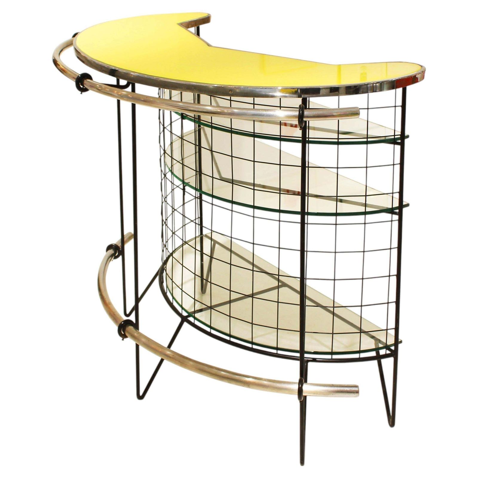 Mid Century Curved Iron And Glass Bar With Yellow Glass Top, Italy, 1950