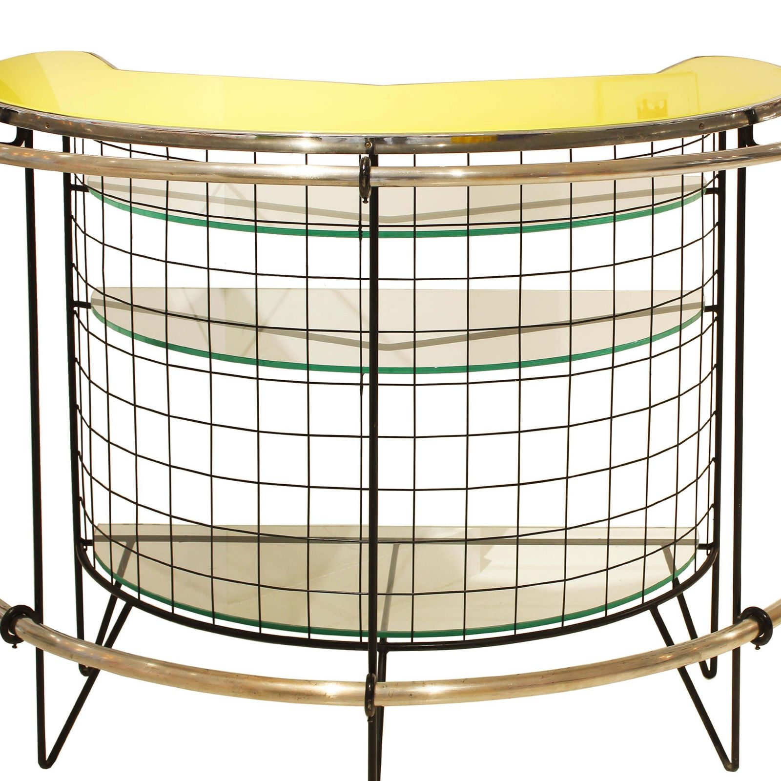 Mid Century Curved Iron And Glass Bar With Yellow Glass Top, Italy, 1950 photo vinterior