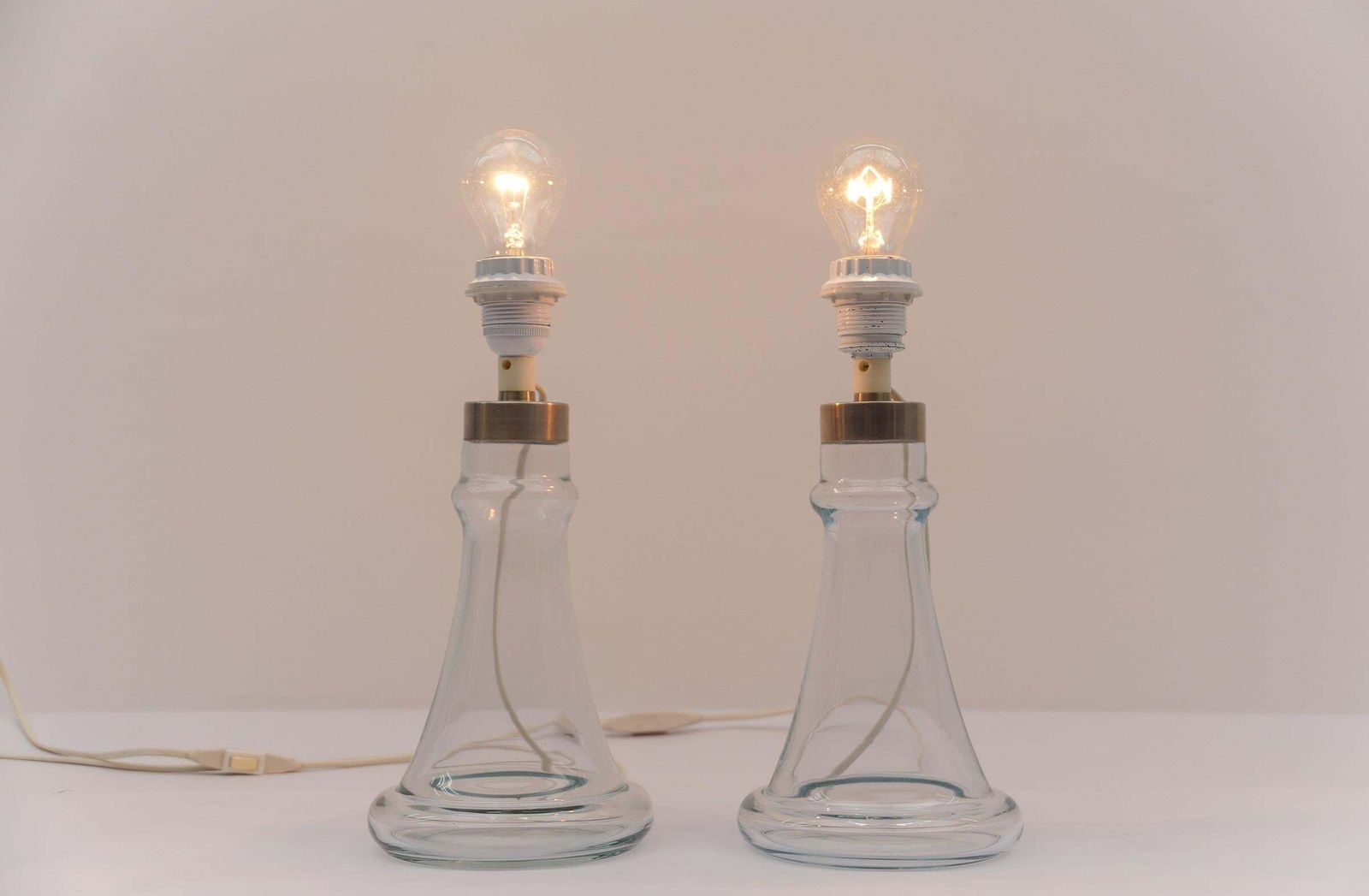 Pair Danish Table Lamps In Clear Glass By Michael Bang For Holmegaard, 1960s photo for sale