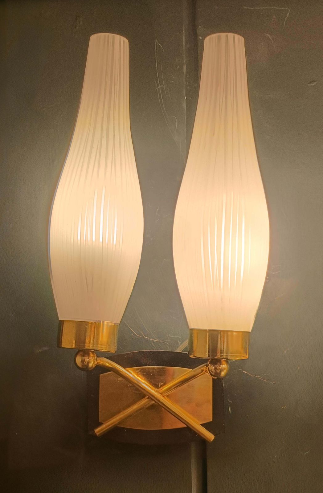 Pair Of Brass And Vertro Opaline Ribbed Wall Lamps, Italy 1950s photo furniture