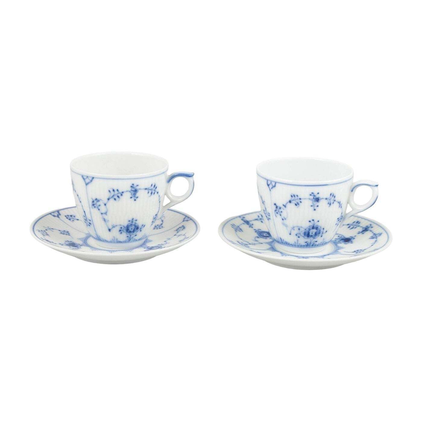 Royal Copenhagen, Blue Fluted Plain. Deux tasses à café avec soucoupes en porcelaine.