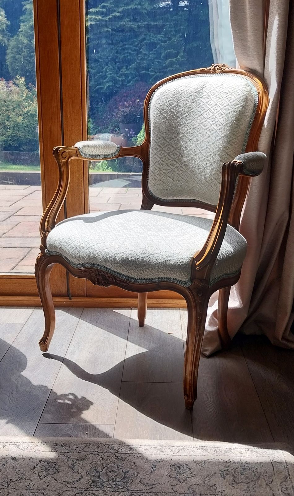 Fabulous Pair Of Antique French Walnut Armchairs Upholstered In Duck Egg Blue And Silver Diamond Fabric photo furniture