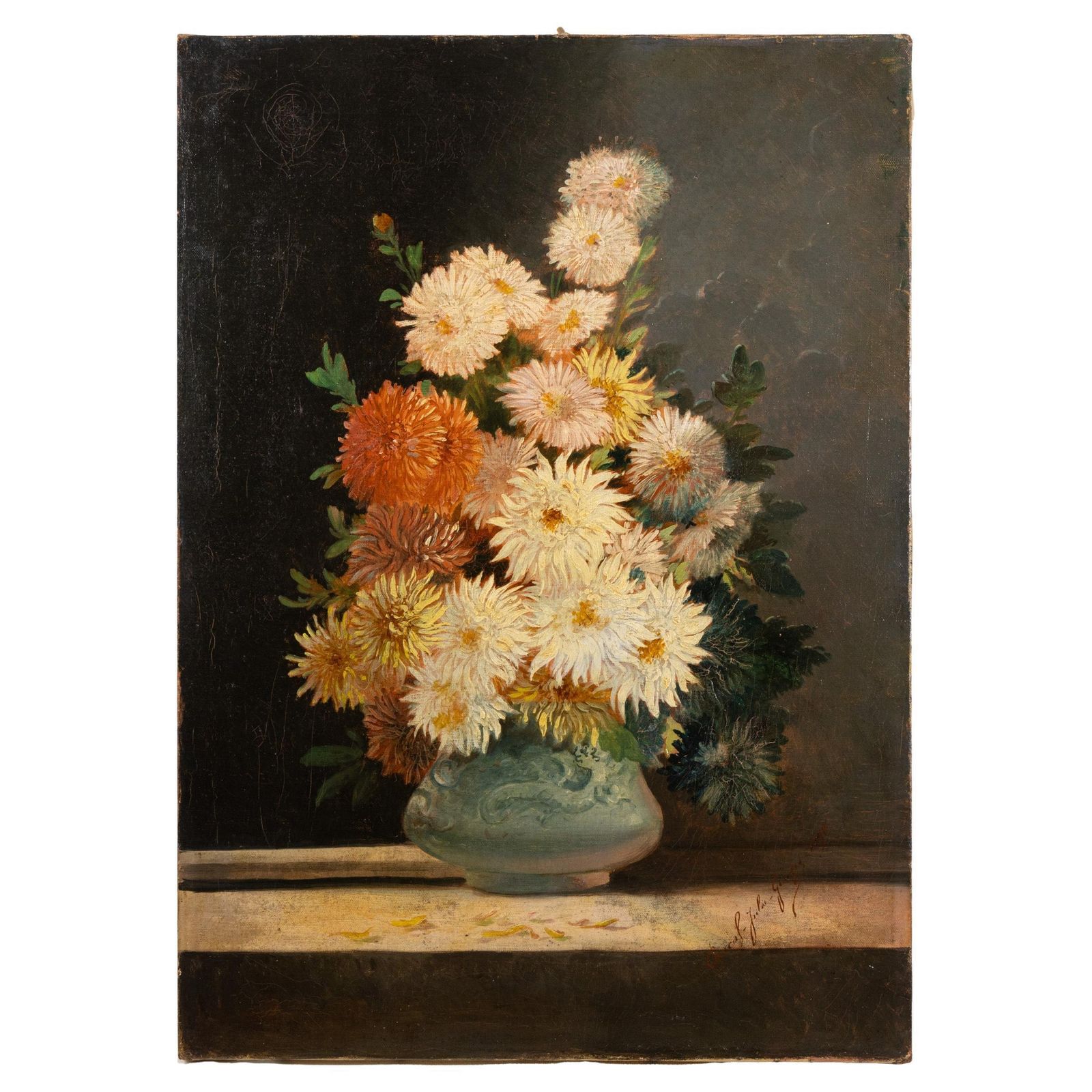 Vase Of Chrysanthemums On An Entablature, 1898 Oil On Canvas, Signed And Dated