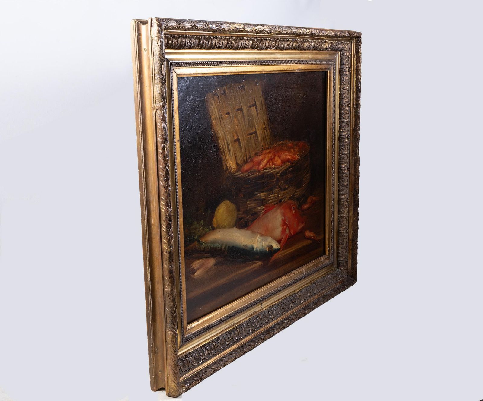 Mid 19th Century French Still Life With Fish & Prawns – Original Oil On Canvas photo vintage