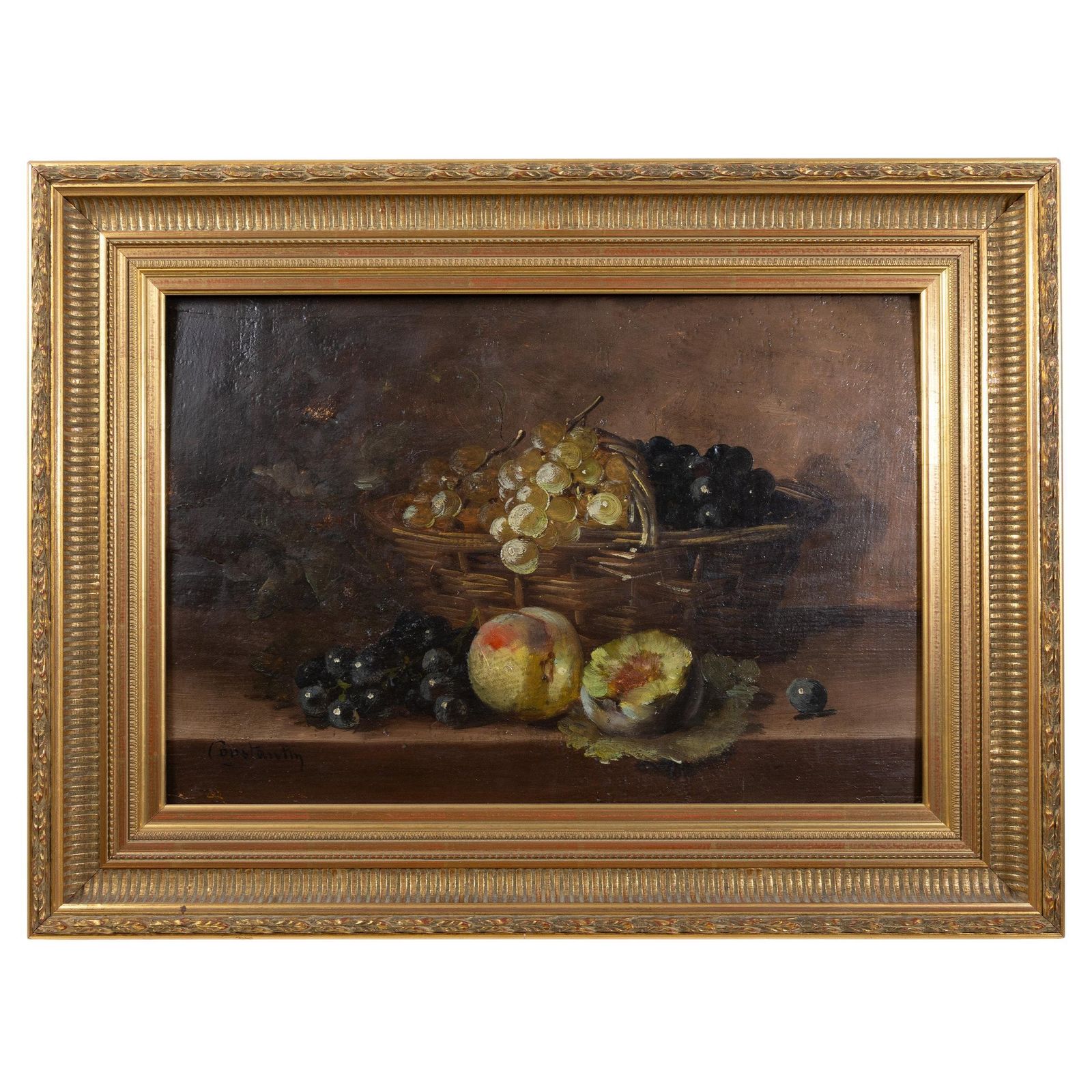 Antique 19th Century French Still Life – Peaches & Grapes, Oil On Oak Panel
