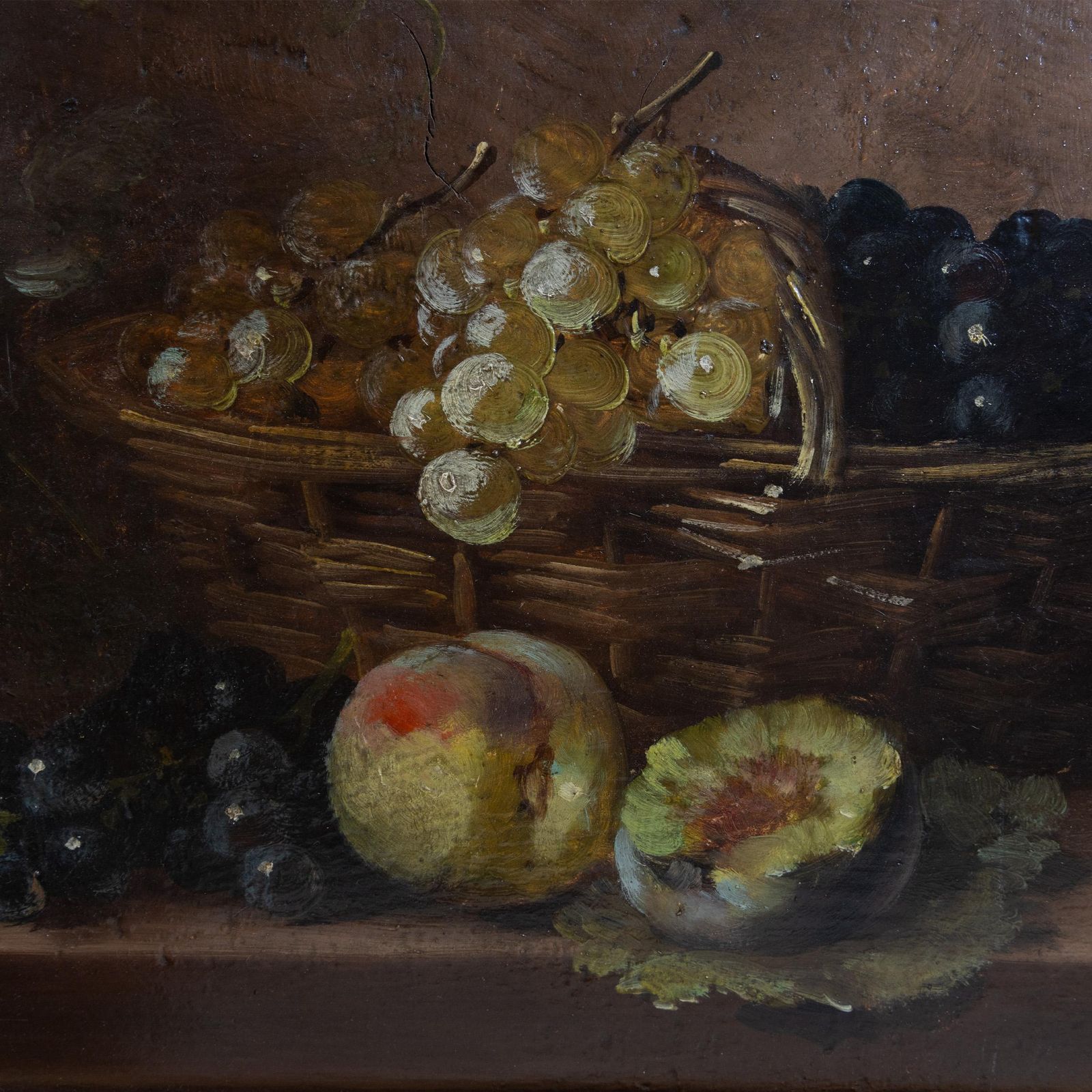 Antique 19th Century French Still Life – Peaches & Grapes, Oil On Oak Panel photo for sale