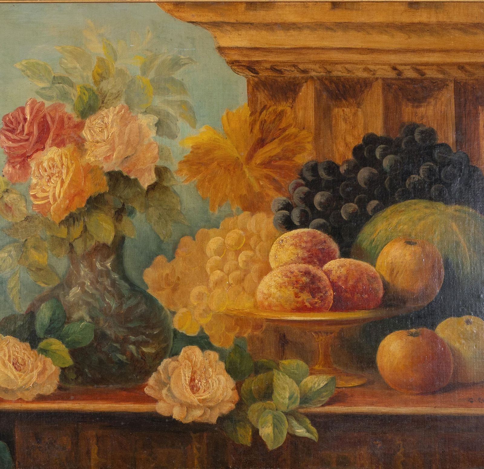 Still Life With Roses And Fruit, 17 Century Style Oil On Canvas, Dated 1896 photo for sale