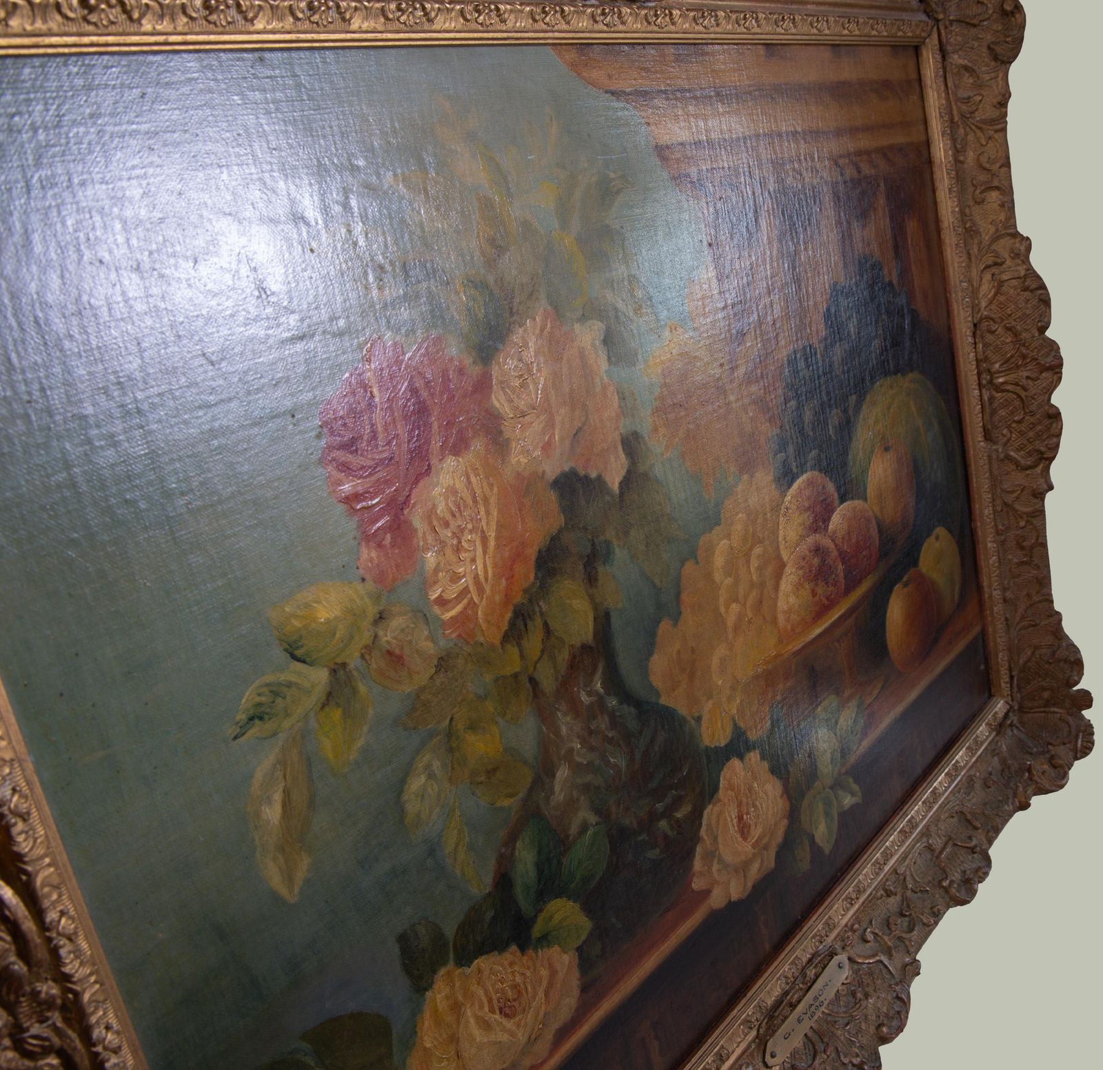photo for sale Still Life With Roses And Fruit, 17 Century Style Oil On Canvas, Dated 1896