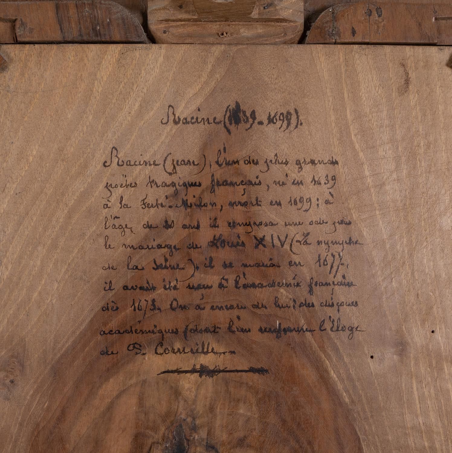 photo furniture Panneau français en noyer sculpté à la main   Le dramaturge Jean Racine (1639-1699), daté 1889