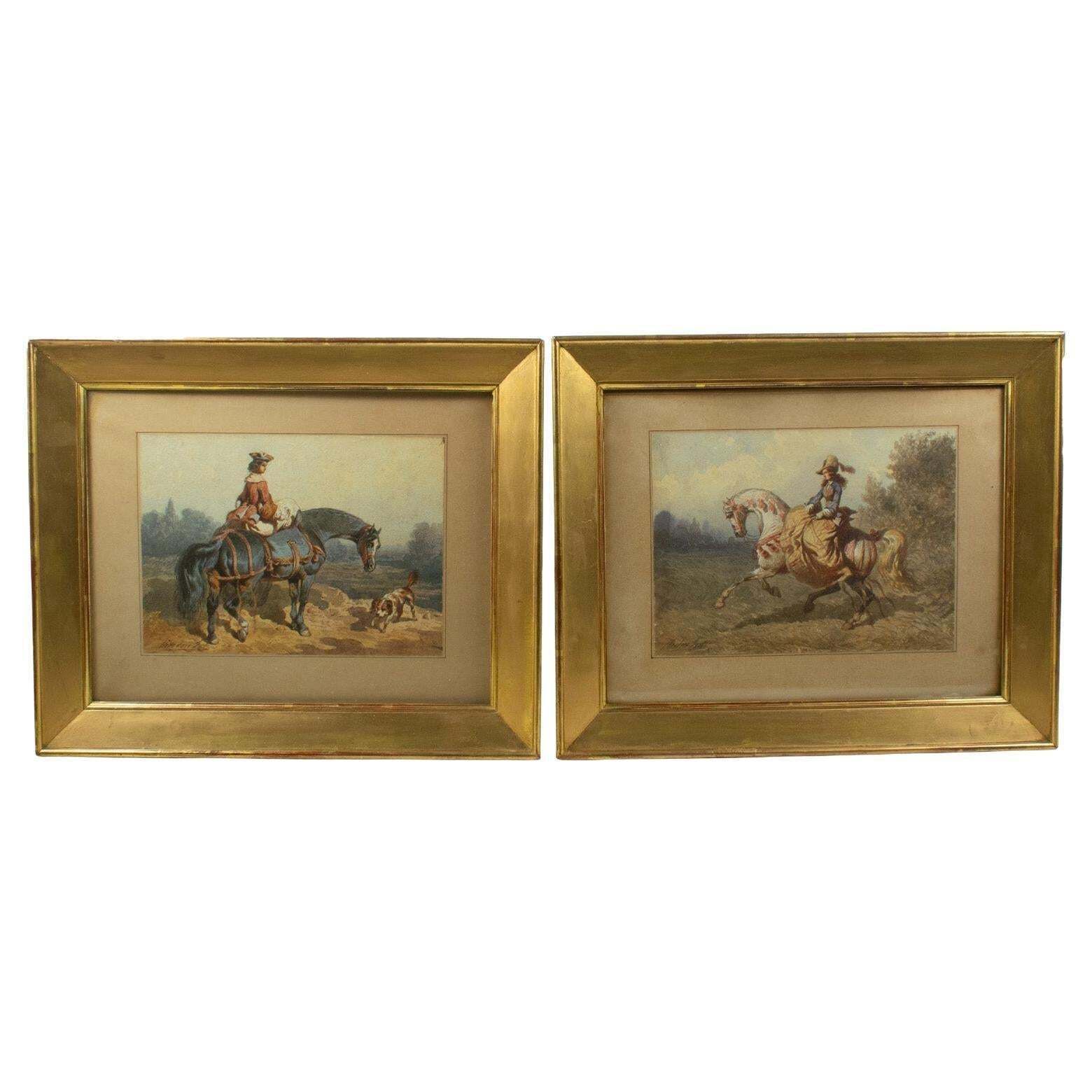 Théodore Fort (1810-1896)   Paire d'aquarelles   Élégantes amazones à cheval